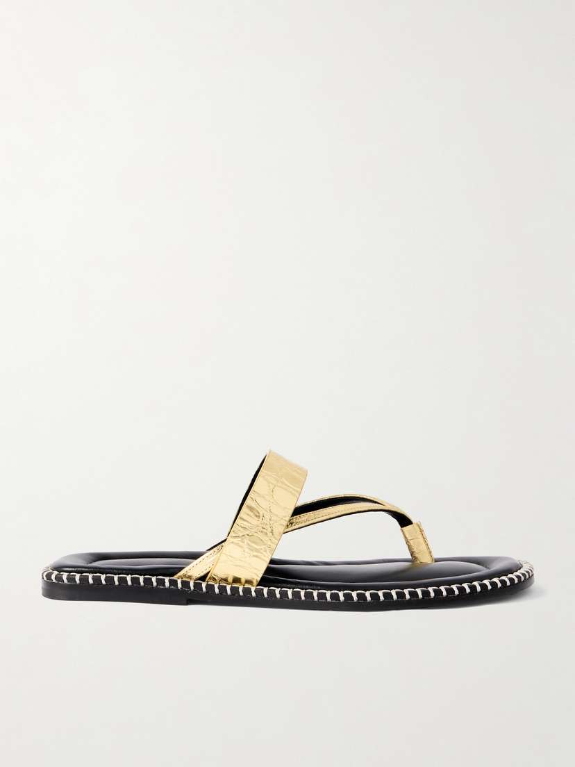 Whipstitched Metallic Croc-effect Leather Sandals