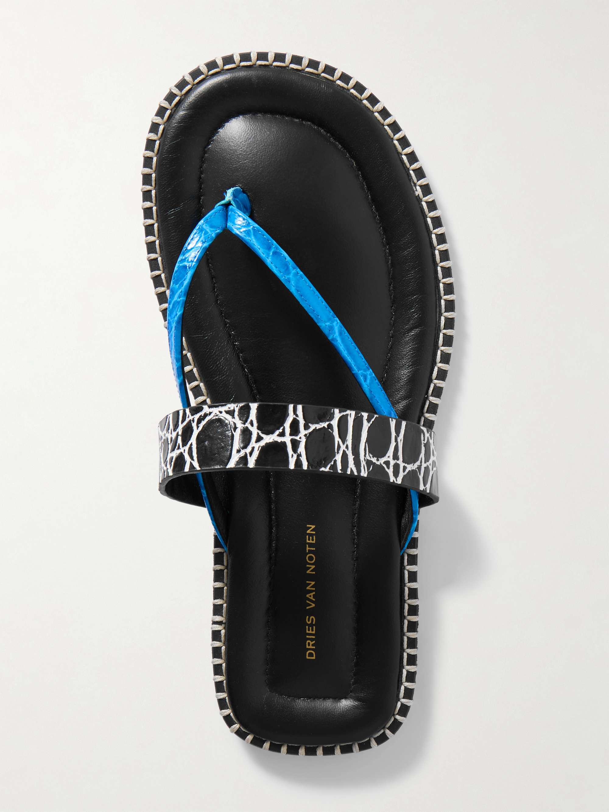 Black Whipstitched croc-effect leather sandals | DRIES VAN NOTEN