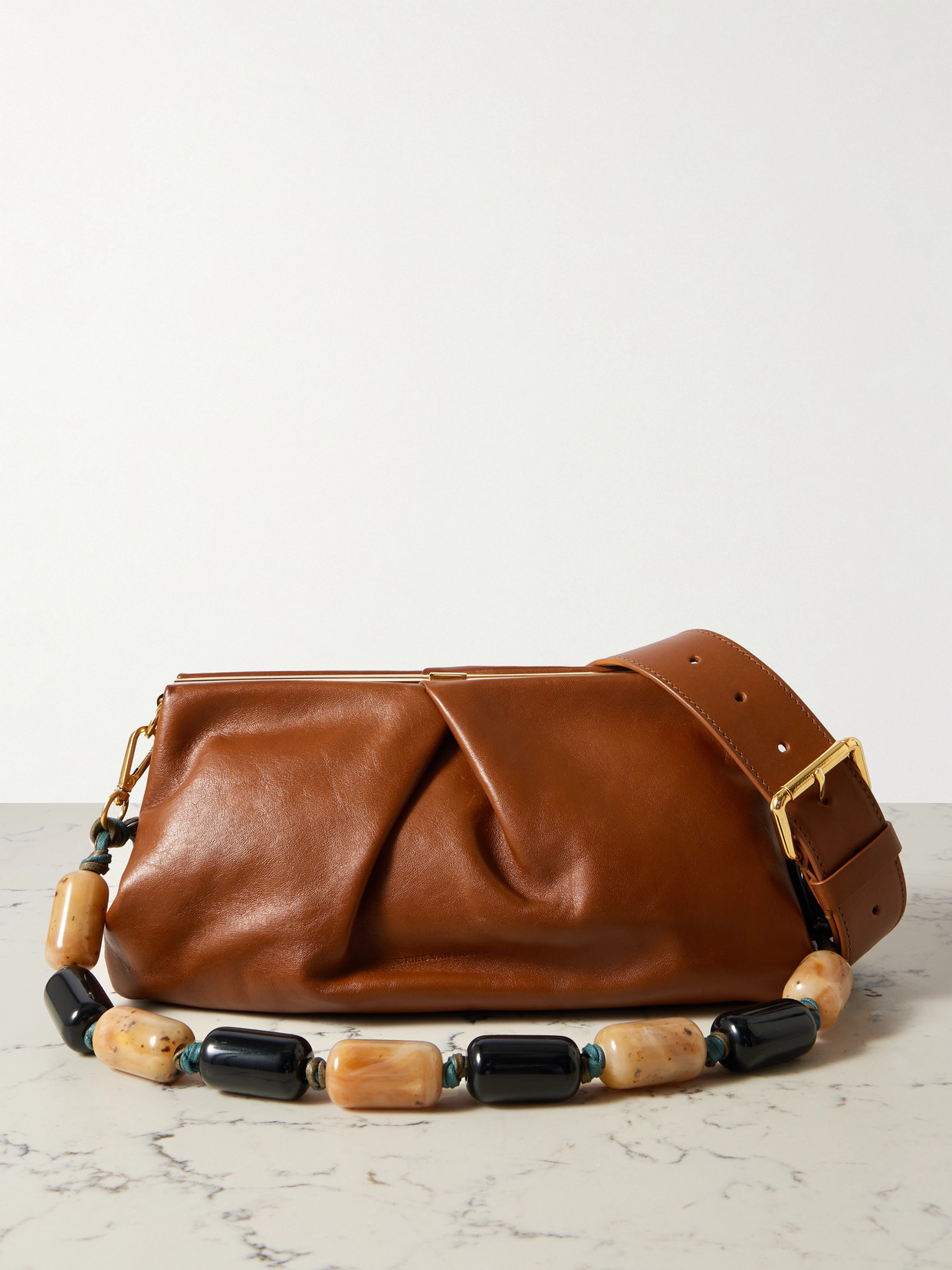 Dries Van Noten Pleated Leather Shoulder Bag In Brown