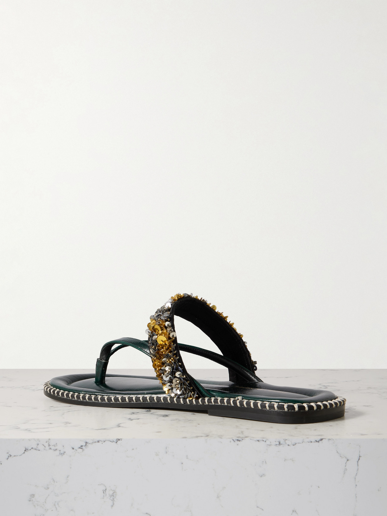 Embellished Whipstitched Leather Sandals