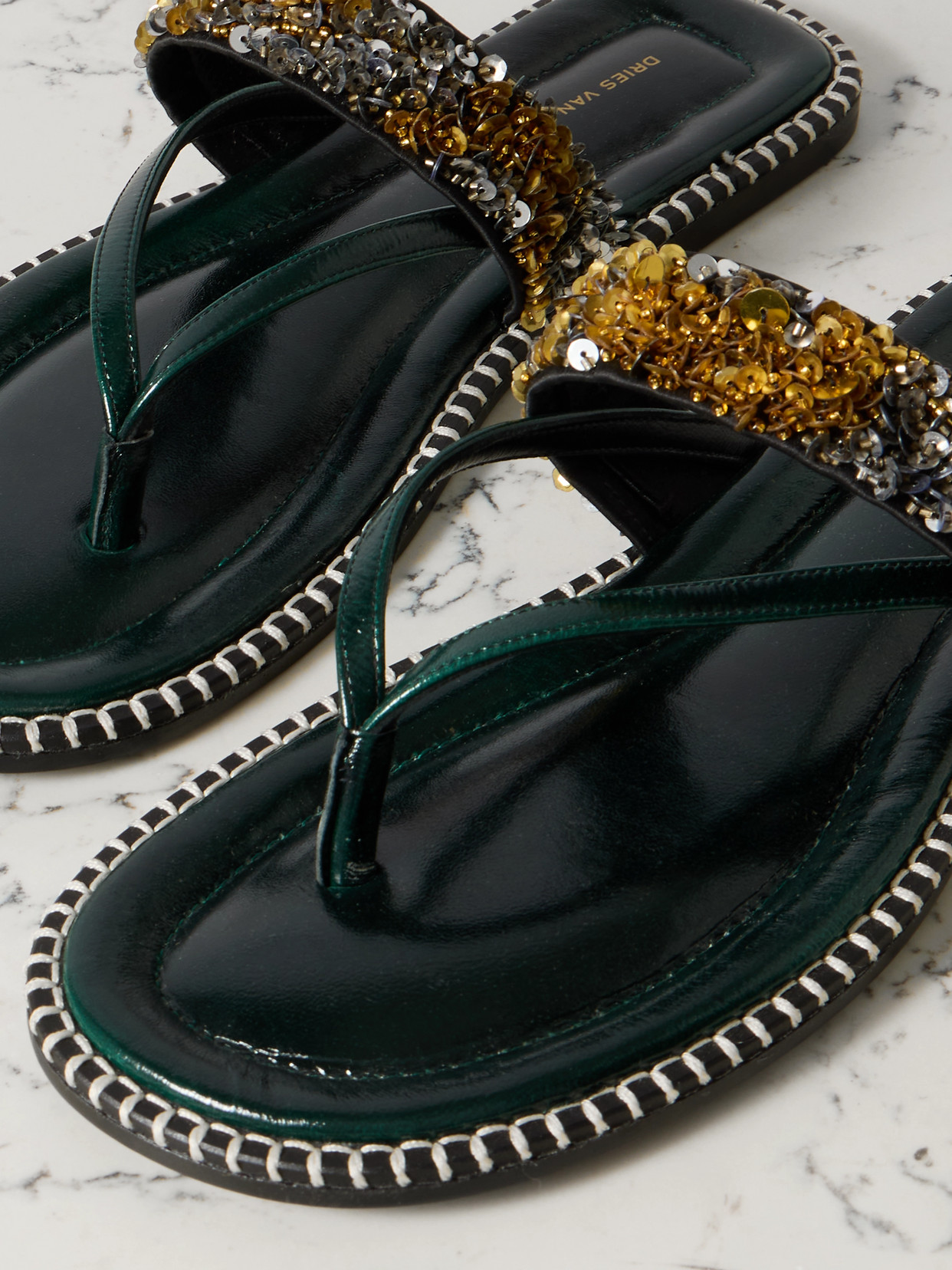 Embellished Whipstitched Leather Sandals