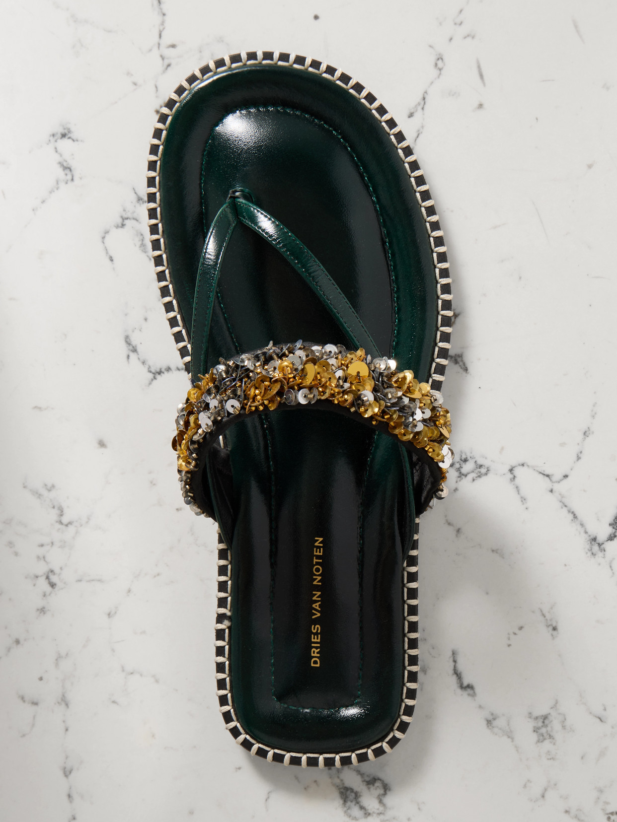 Embellished Whipstitched Leather Sandals