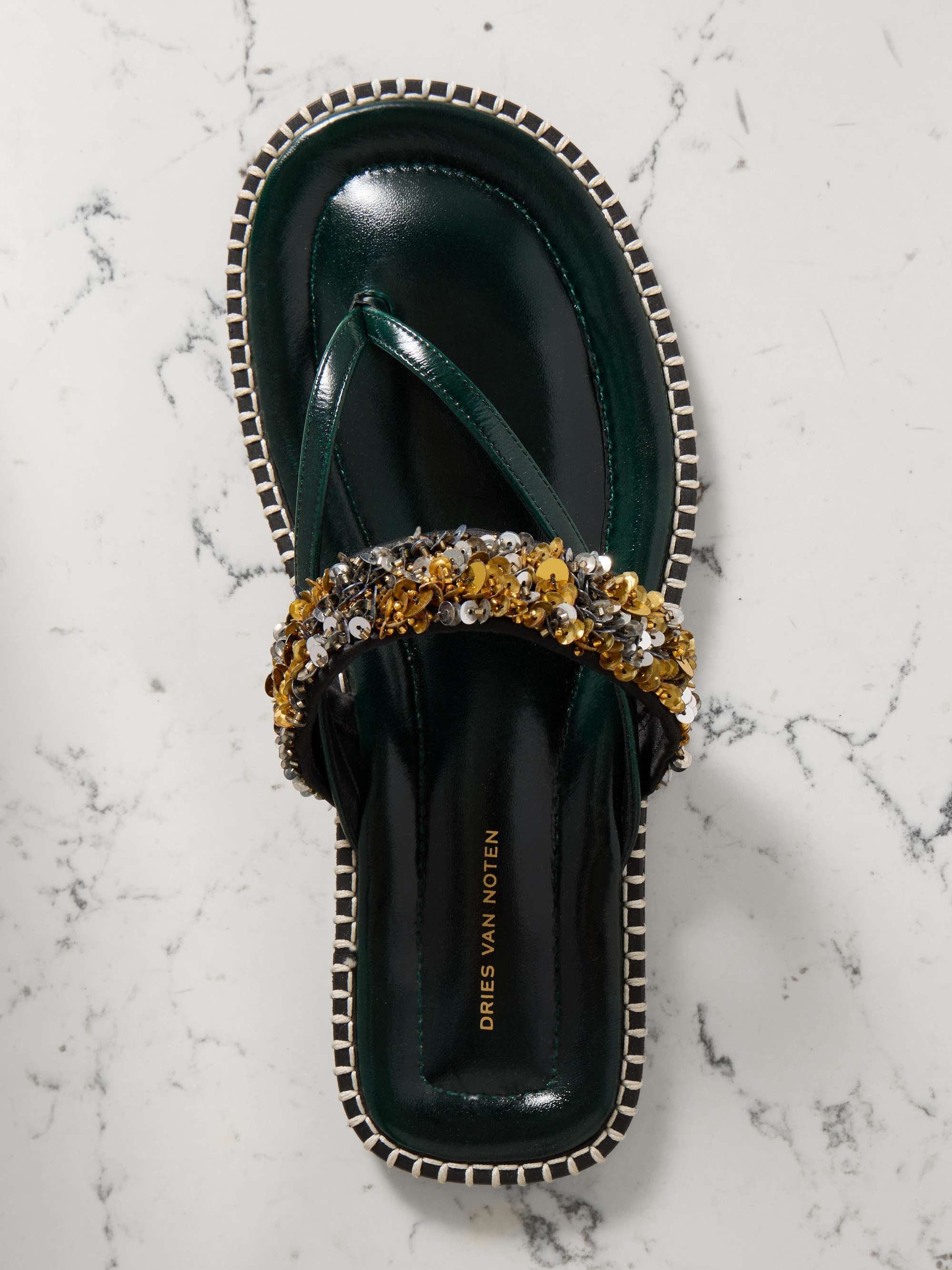 DRIES VAN NOTEN Embellished whipstitched leather sandals | NET-A