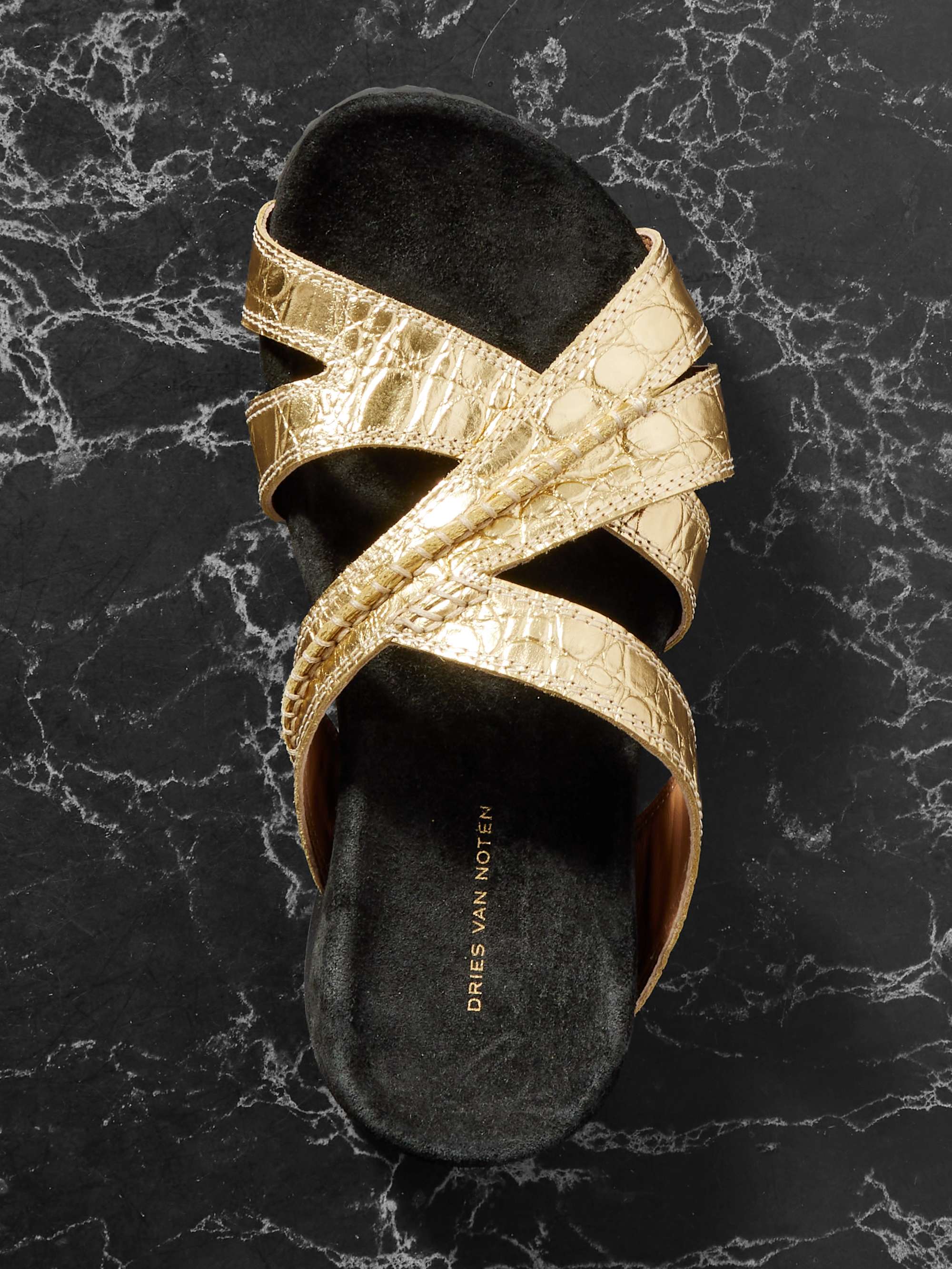 DRIES VAN NOTEN Metallic croc-effect leather sandals | NET-A-PORTER