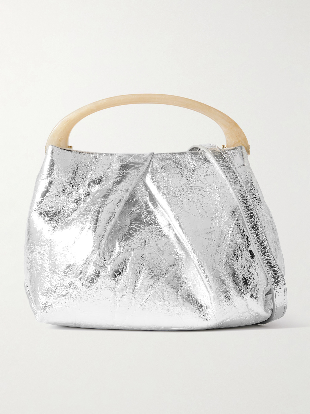 Dries Van Noten Pleated Metallic Crinkled-leather Shoulder Bag In Silver