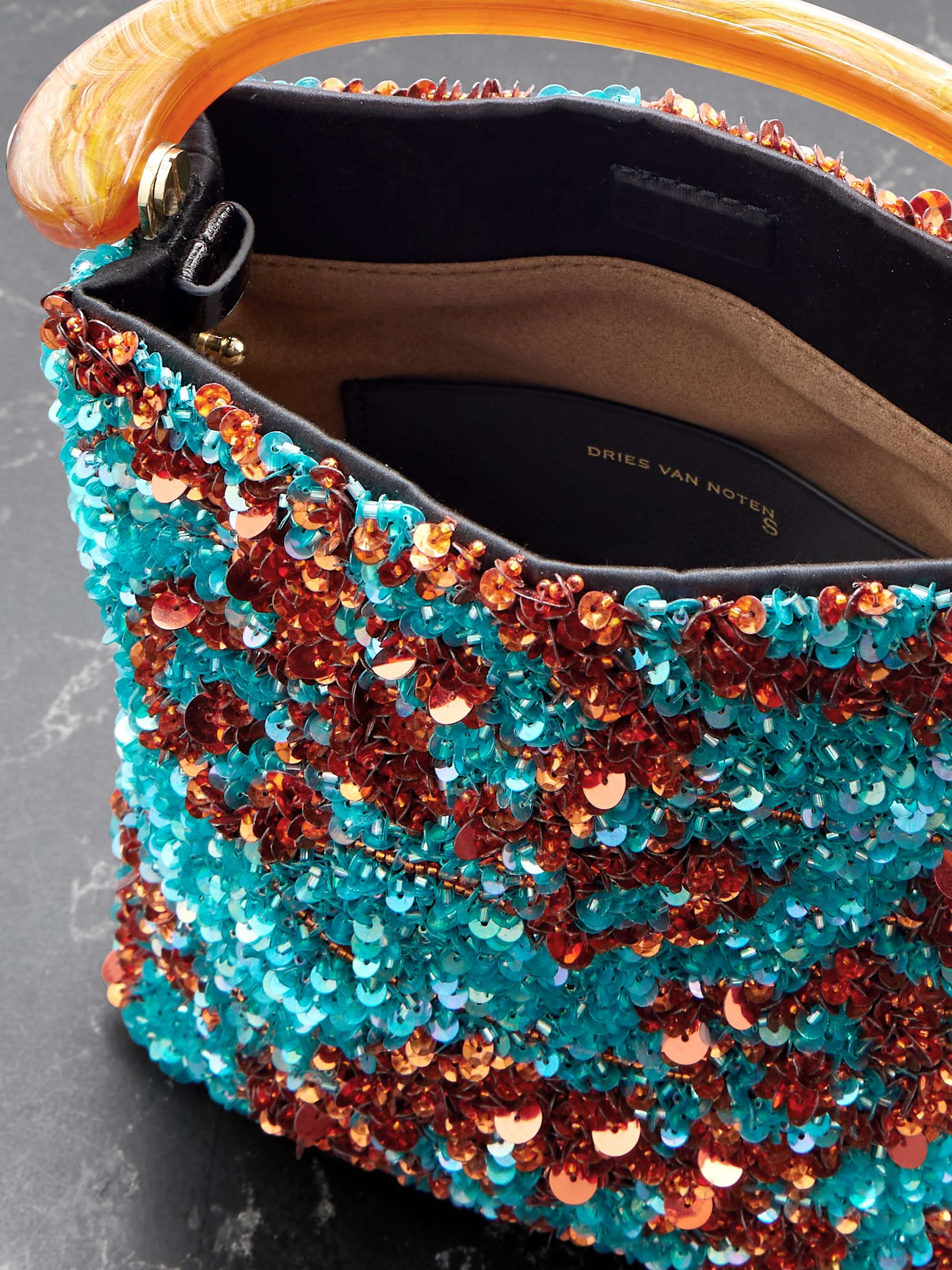 DRIES VAN NOTEN Leather-trimmed embellished satin-crepe shoulder