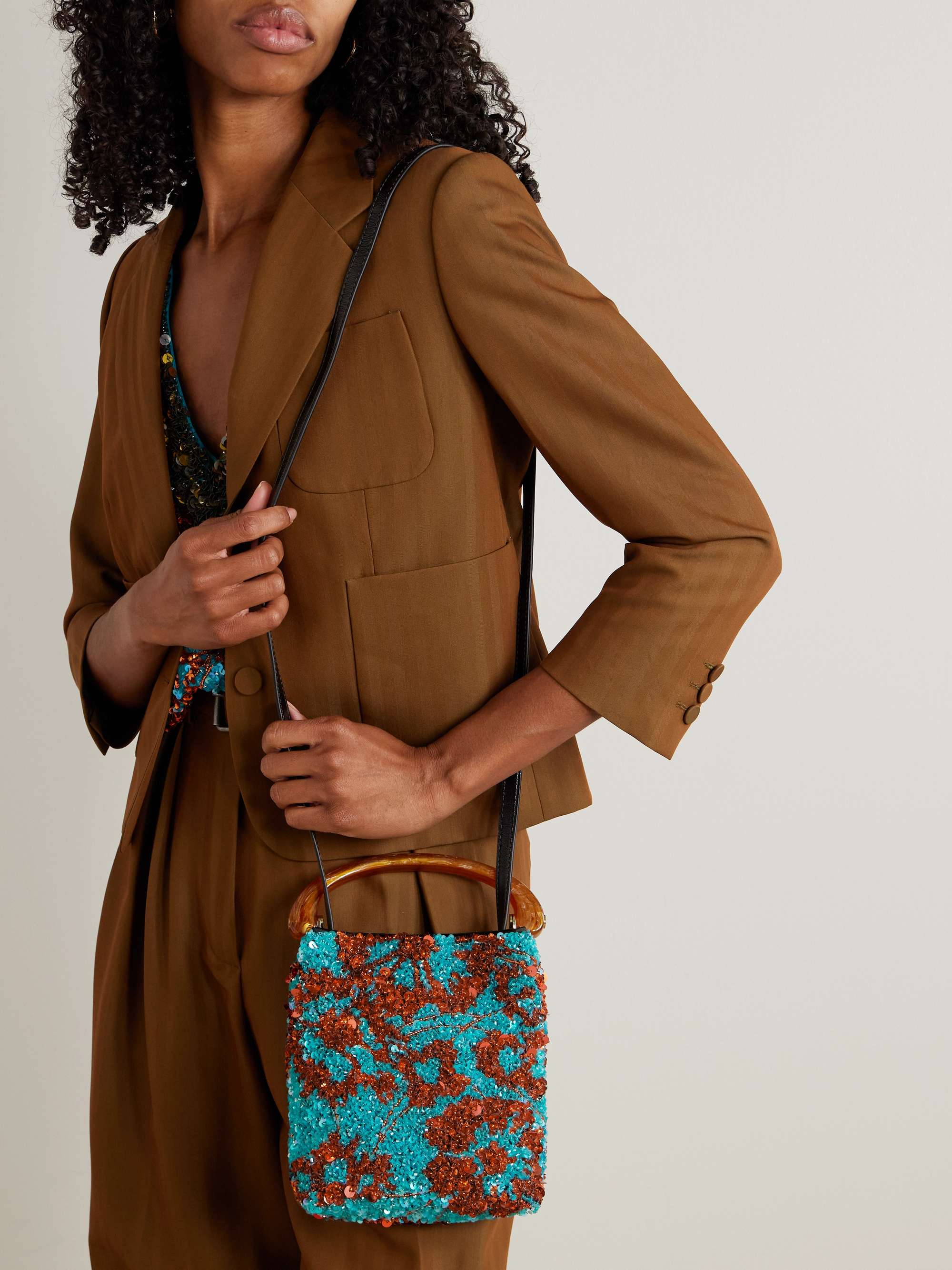 DRIES VAN NOTEN Leather-trimmed embellished satin-crepe shoulder