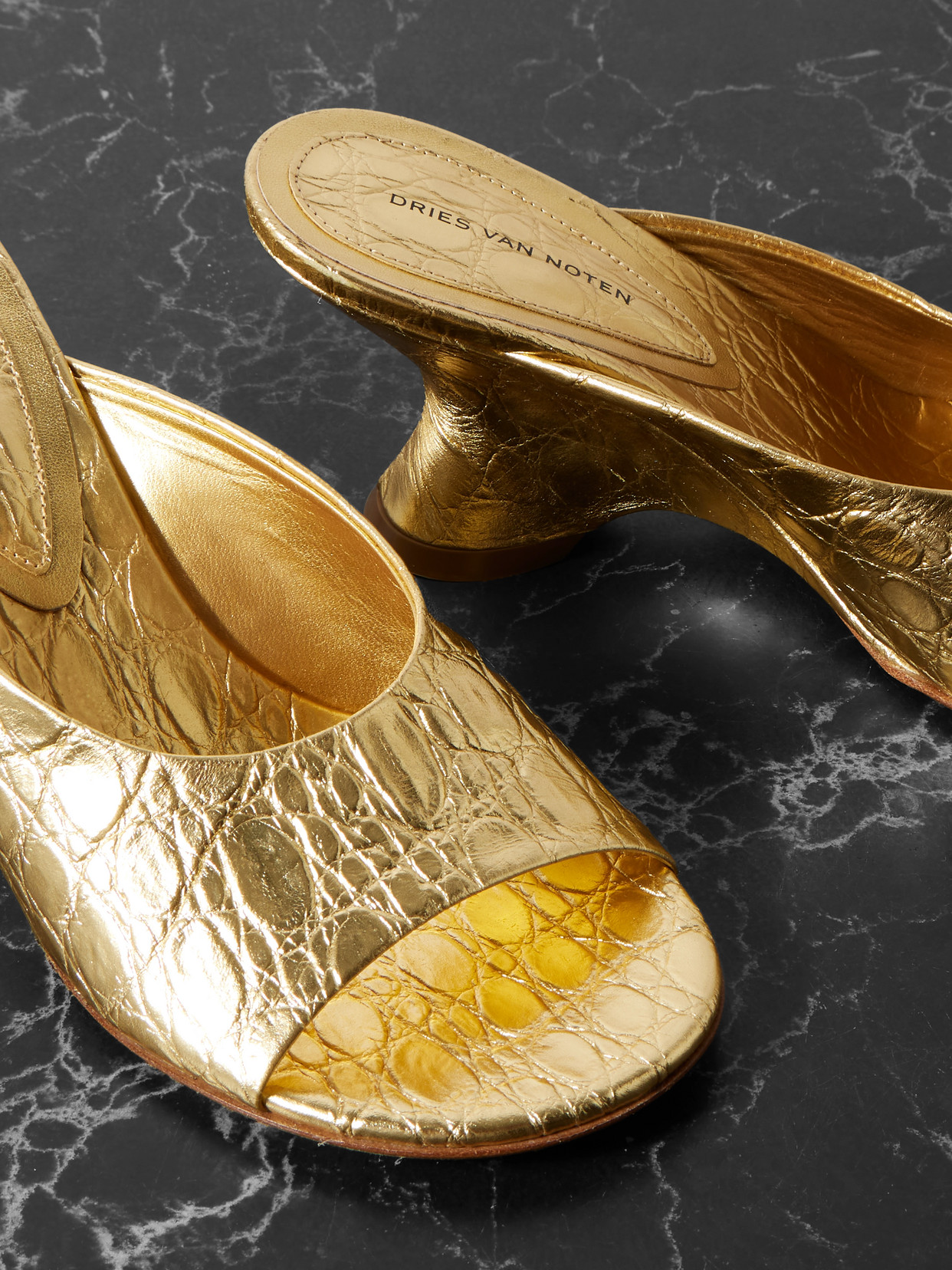 Metallic Croc-Effect Leather Mules