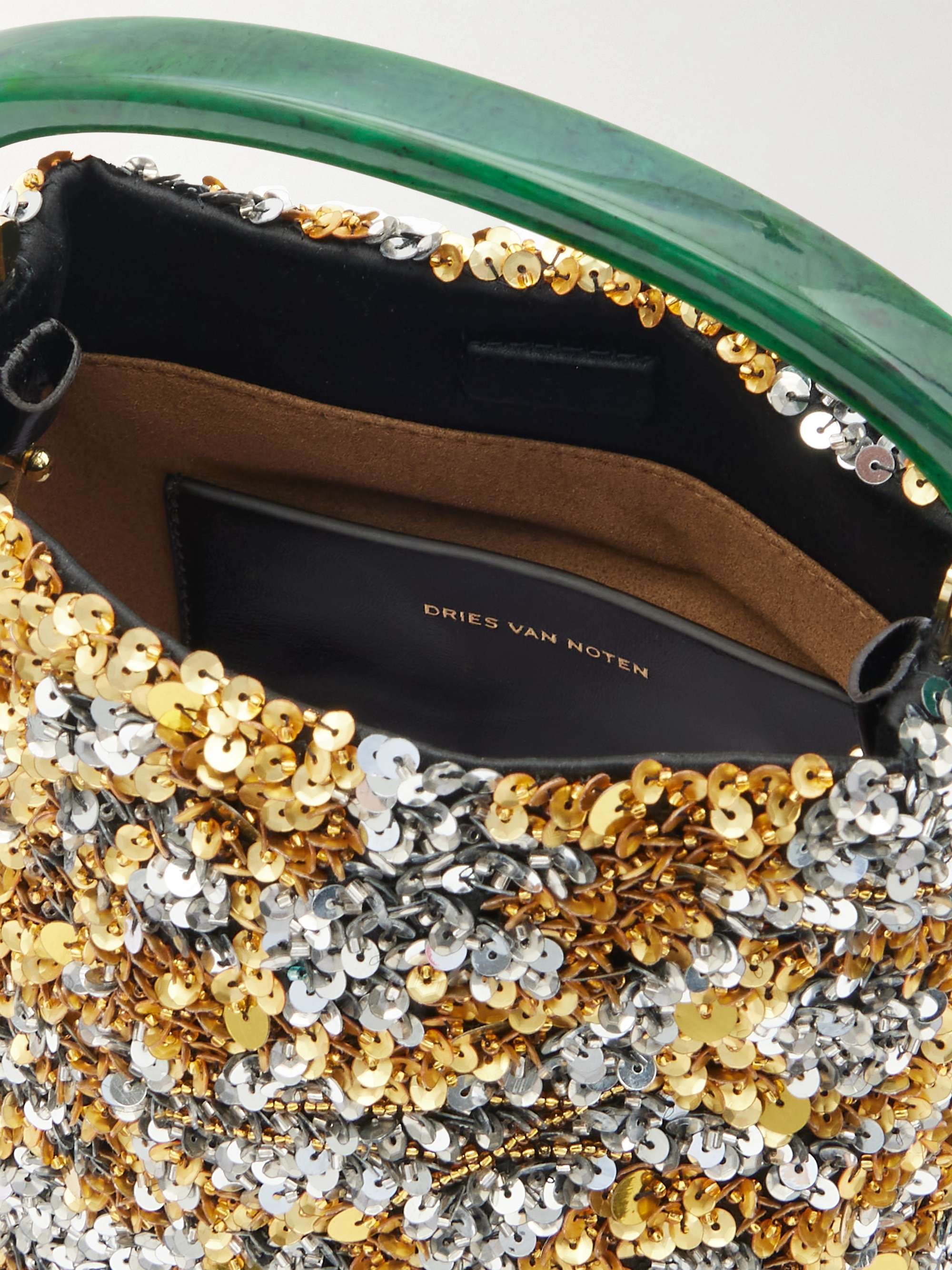 DRIES VAN NOTEN Leather-trimmed embellished satin-crepe shoulder