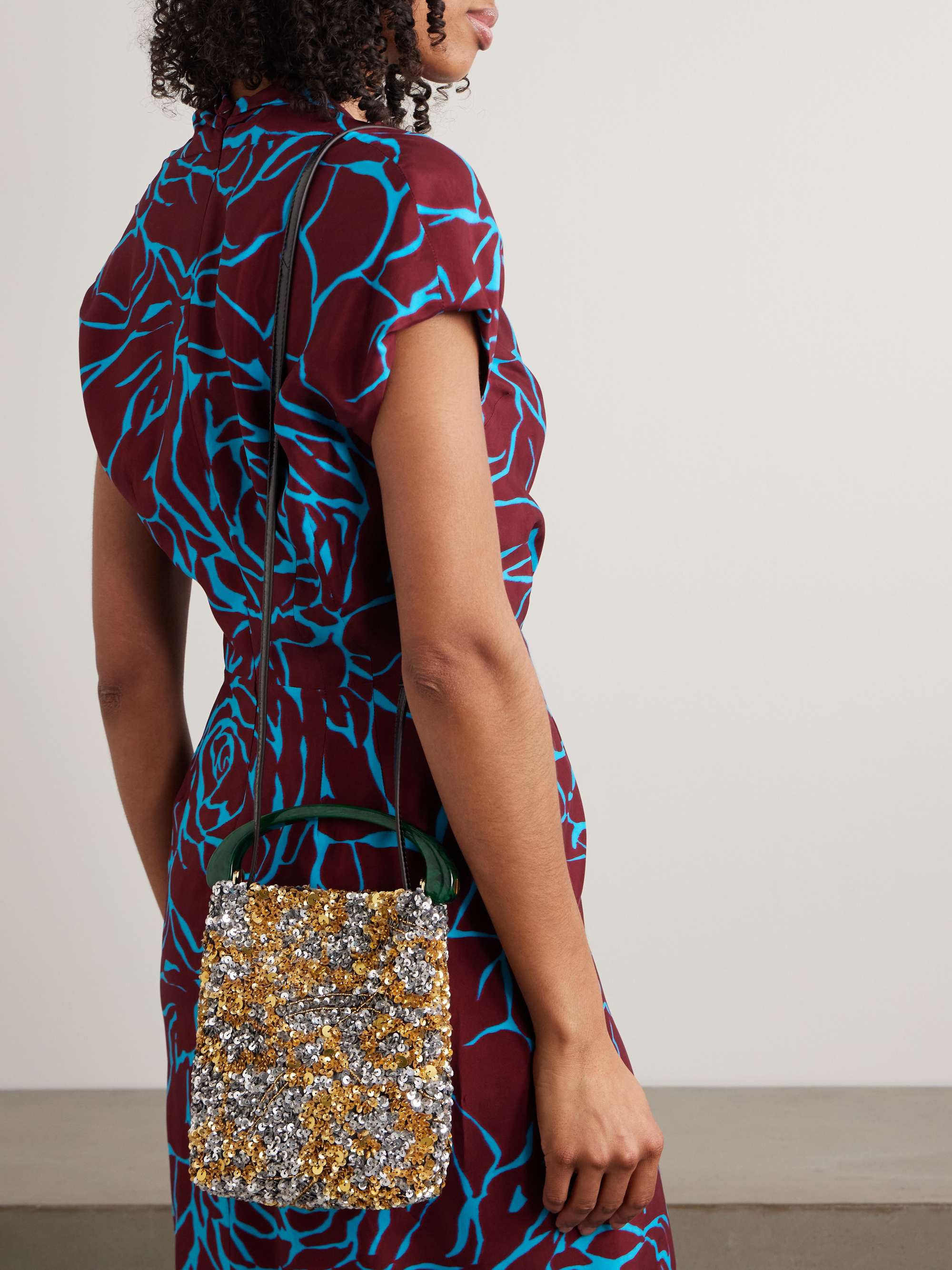 DRIES VAN NOTEN Leather-trimmed embellished satin-crepe shoulder