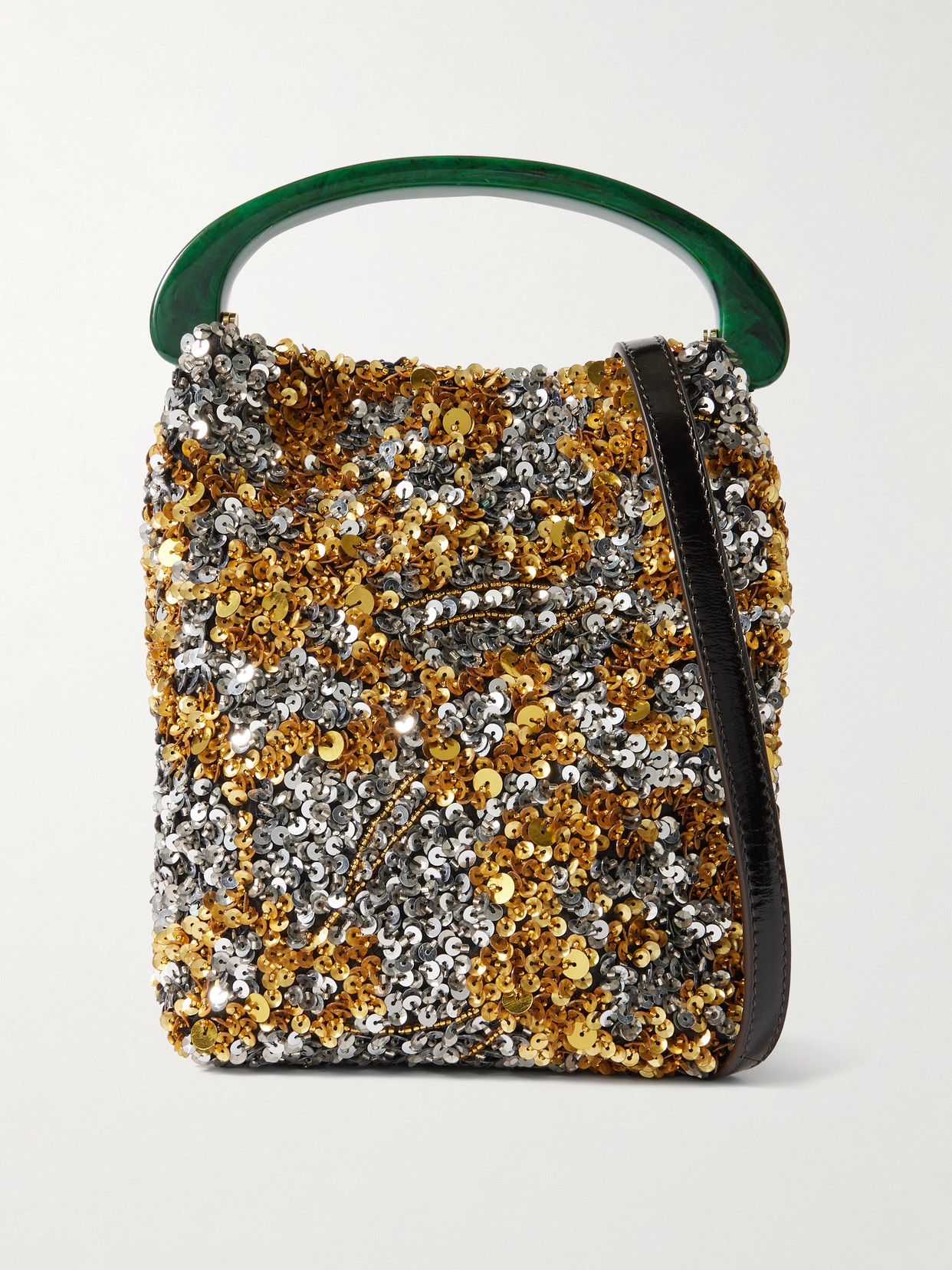 Dries Van Noten Leather-trimmed Embellished Satin-crepe Shoulder Bag In Silver