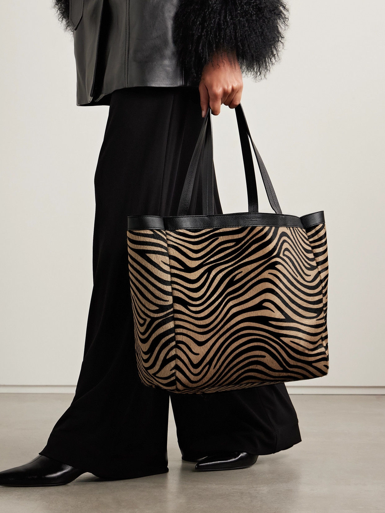 Loren Medium Textured-Leather Trimmed Zebra-Print Calf Hair Tote