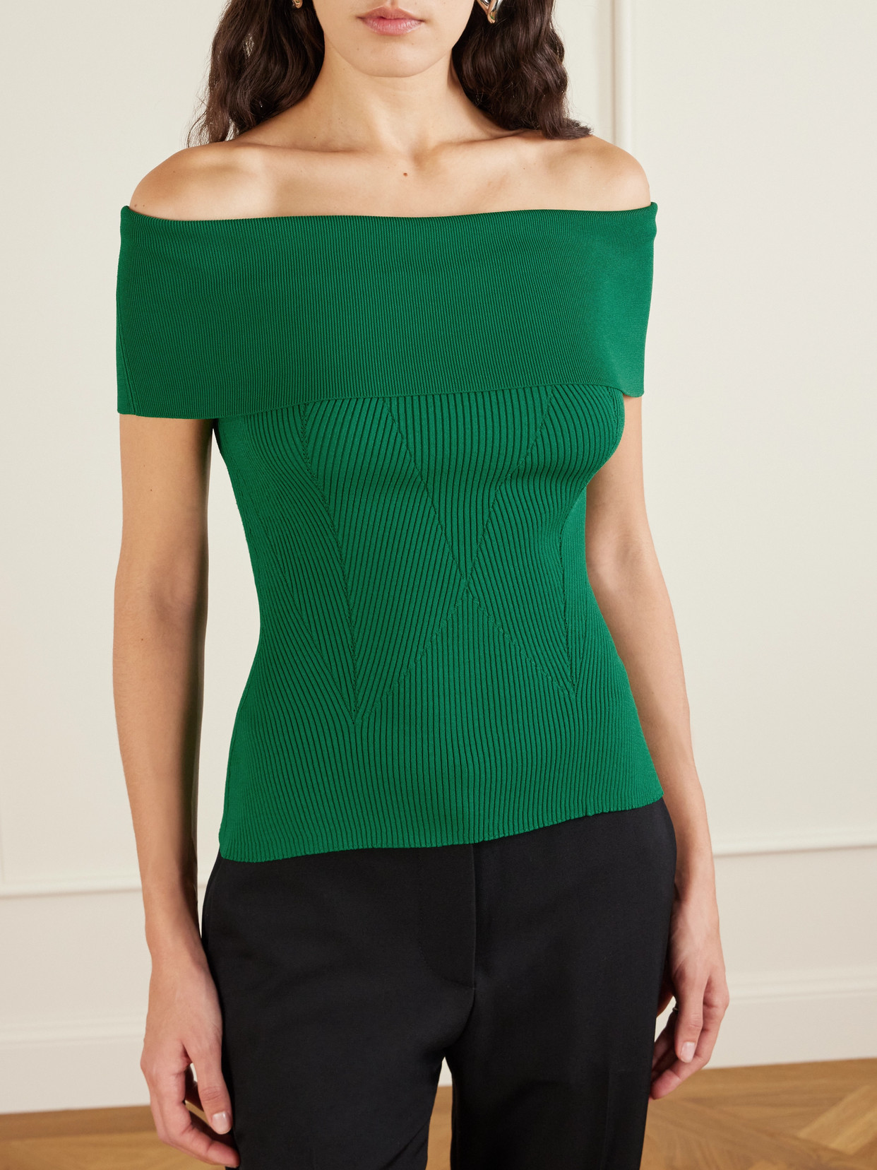 Givenchy Off-the-shoulder Paneled Ribbed-knit Top In Green