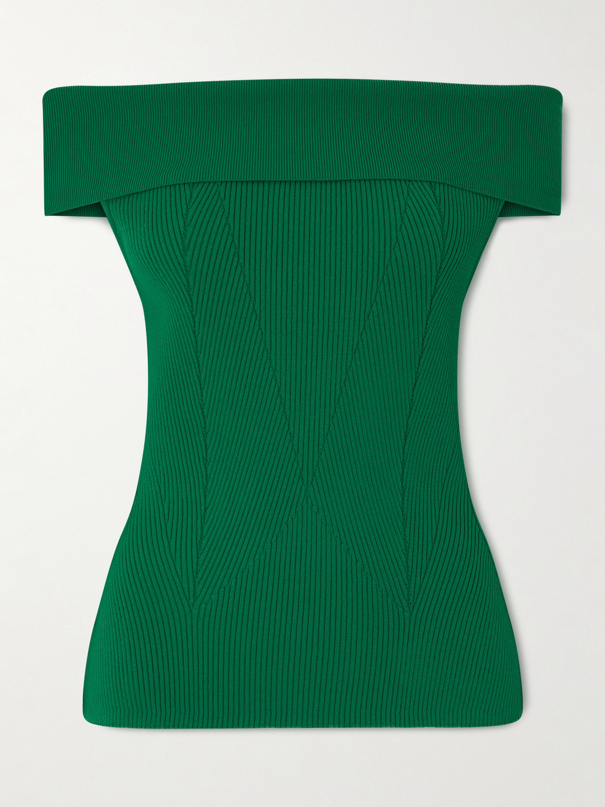 Givenchy Off-the-shoulder Paneled Ribbed-knit Top In Green