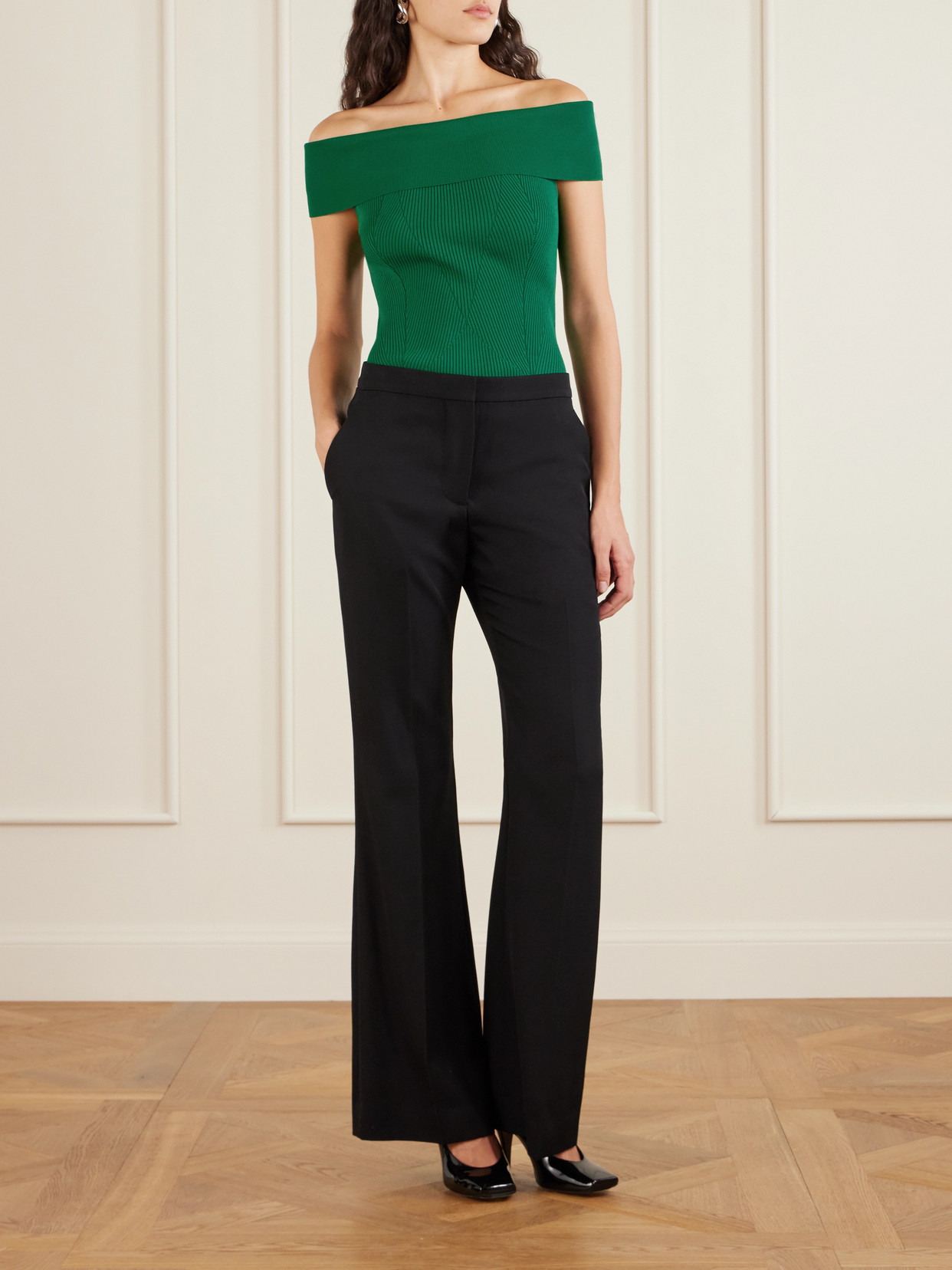 Givenchy Off-the-shoulder Paneled Ribbed-knit Top In Green