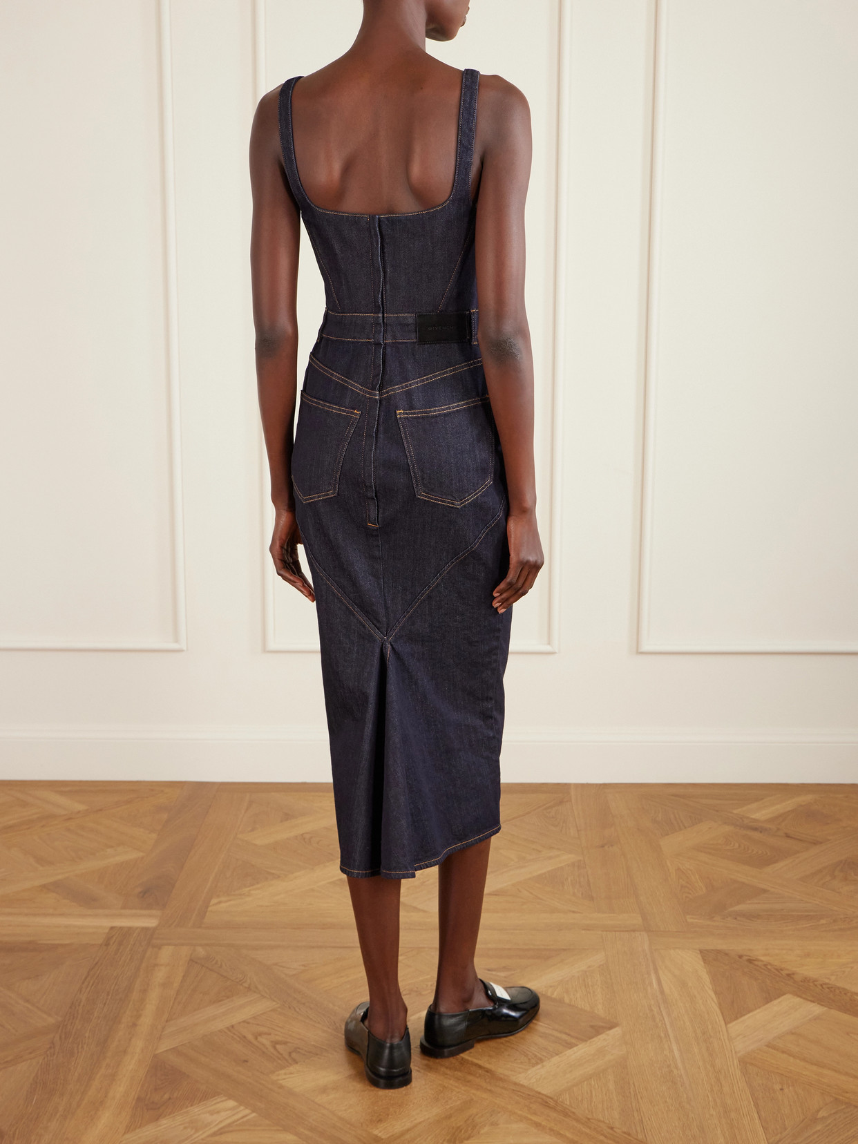 Givenchy Womens Dark Blue Contrast-stitch Panelled Denim Midi Dress In Blue
