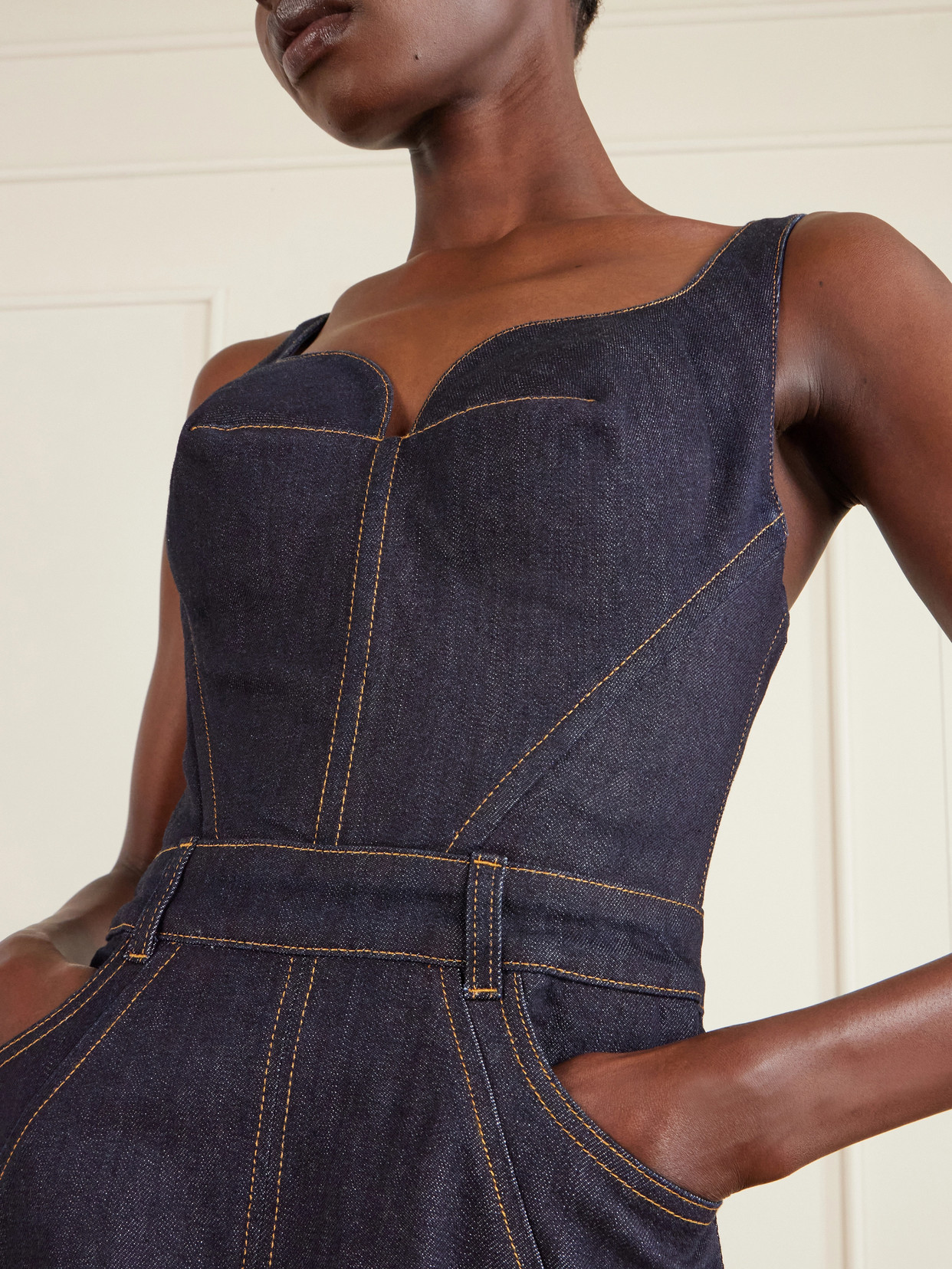 Givenchy Womens Dark Blue Contrast-stitch Panelled Denim Midi Dress In Blue