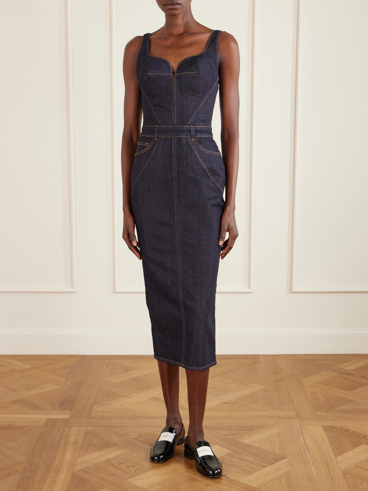 Givenchy Womens Dark Blue Contrast-stitch Panelled Denim Midi Dress In Blue