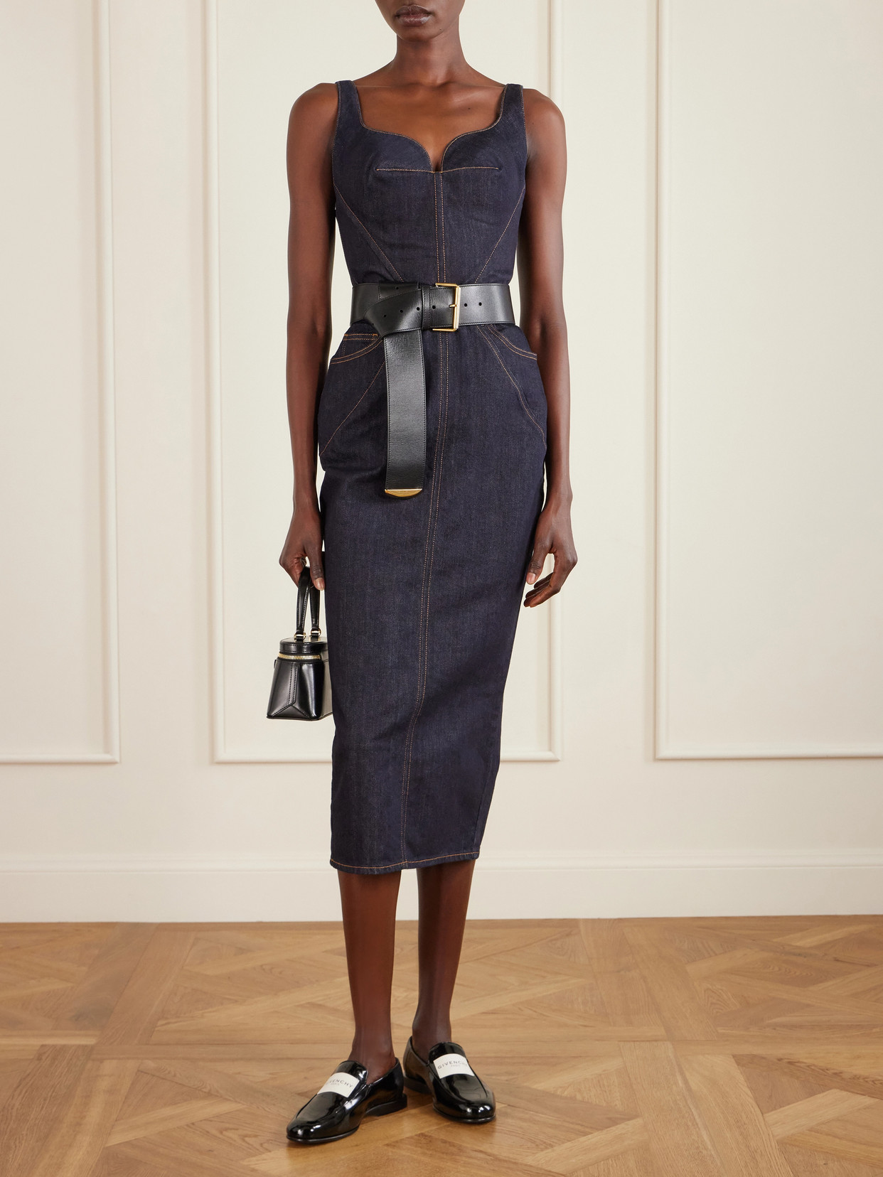 Givenchy Womens Dark Blue Contrast-stitch Panelled Denim Midi Dress In Blue