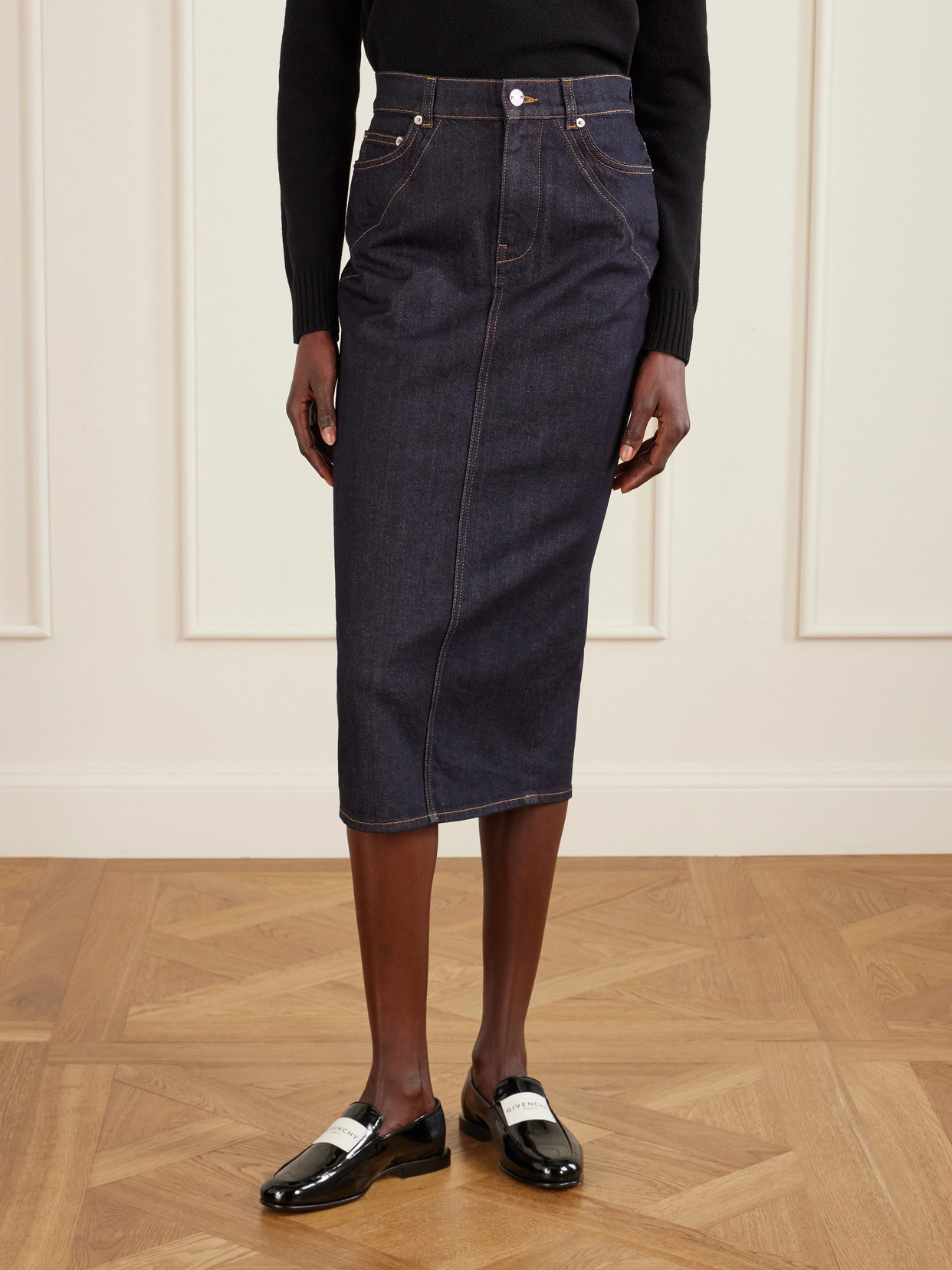 Paneled Denim Midi