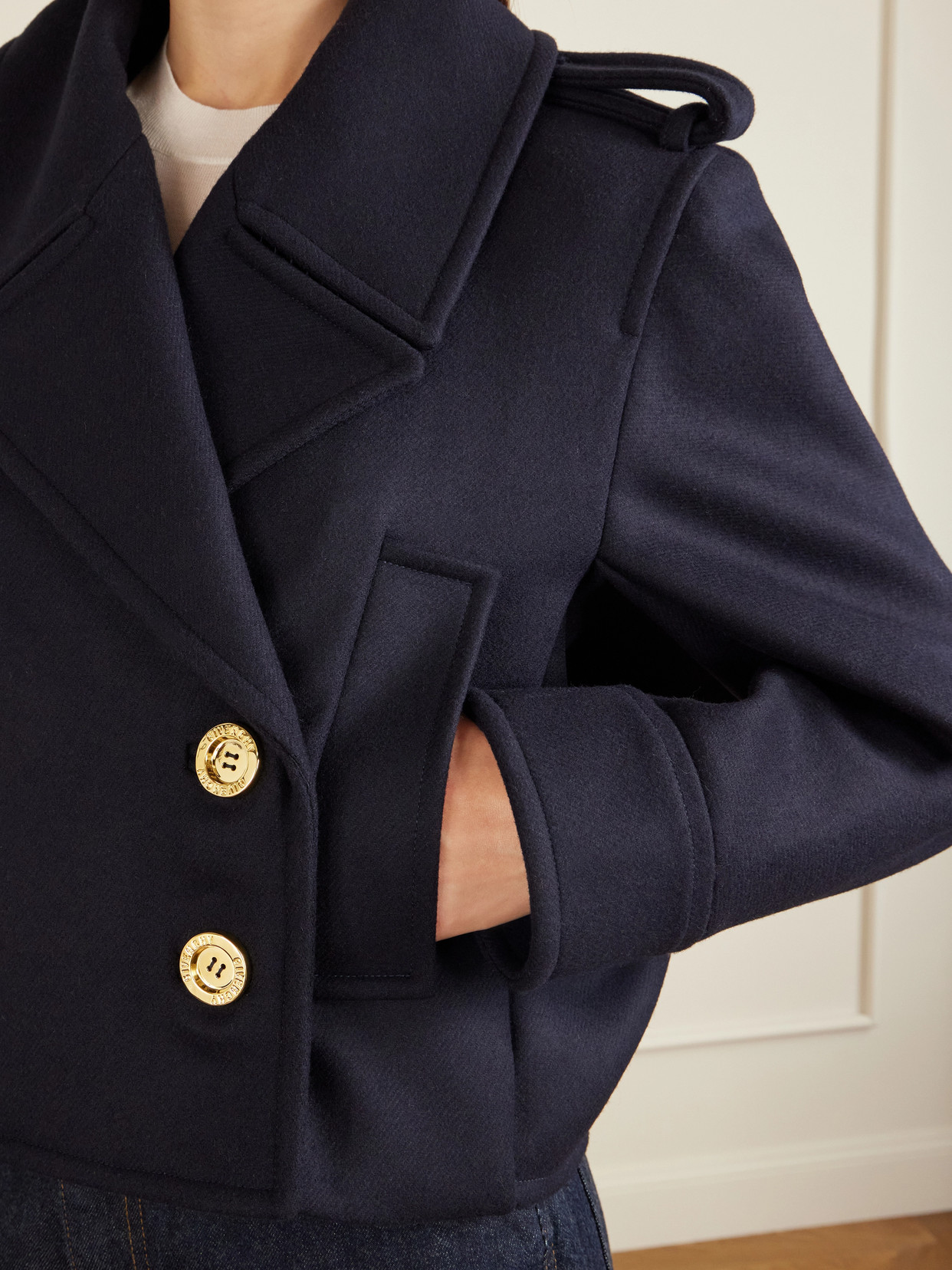 Double-Breasted Cropped Melton Wool-Twill Coat
