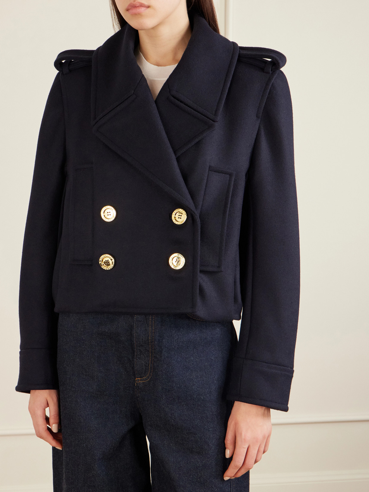 Double-Breasted Cropped Melton Wool-Twill Coat