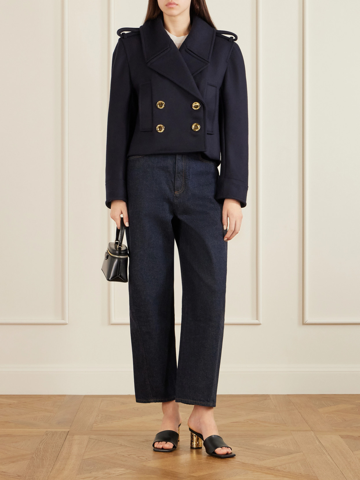 Double-Breasted Cropped Melton Wool-Twill Coat