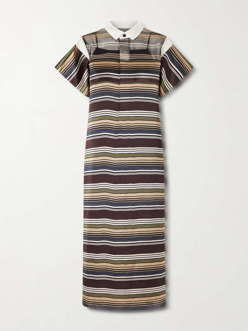 Sacai Striped Organza And Satin Midi Dress