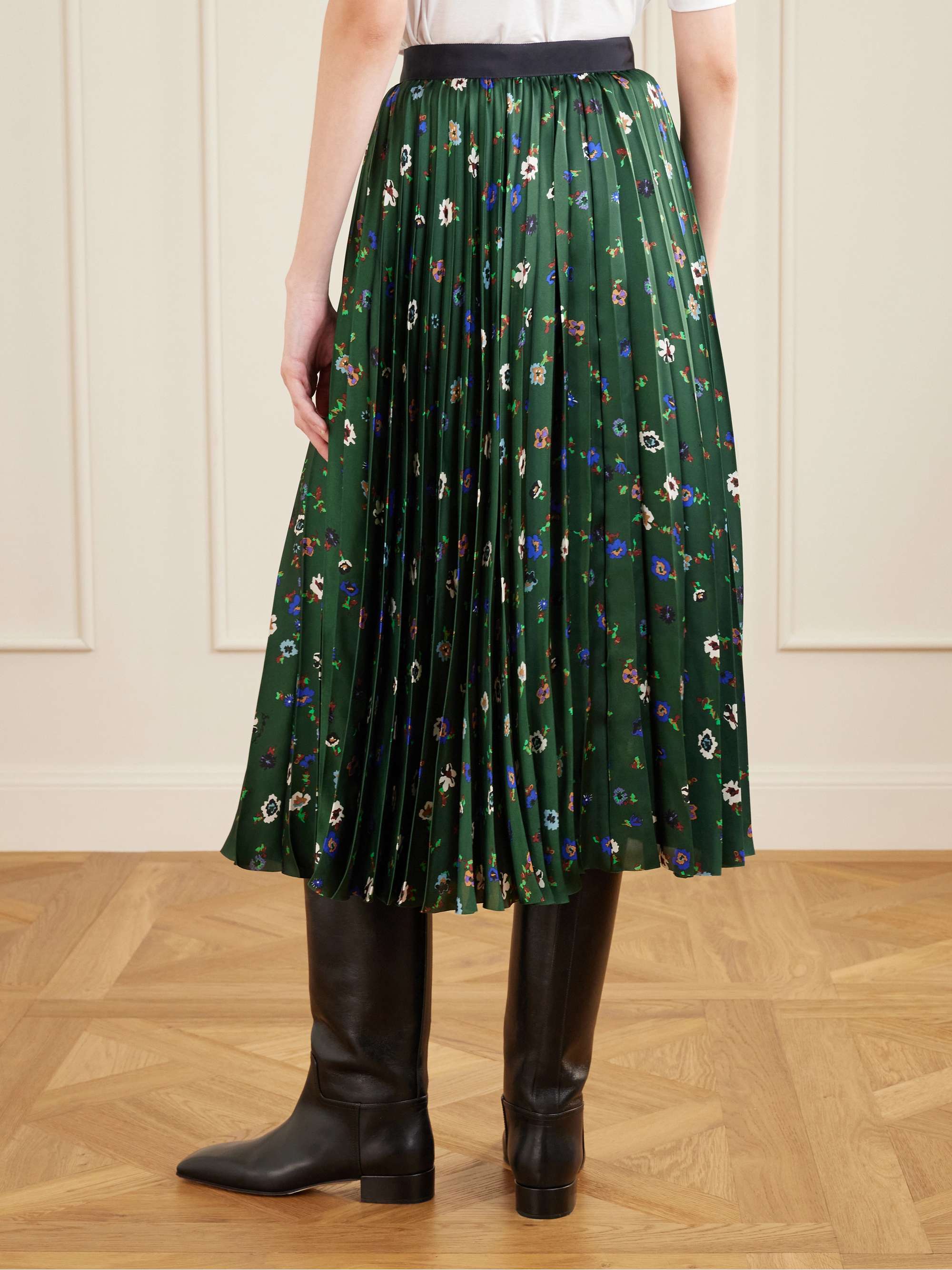 SACAI Belted grosgrain-trimmed pleated floral-print satin midi