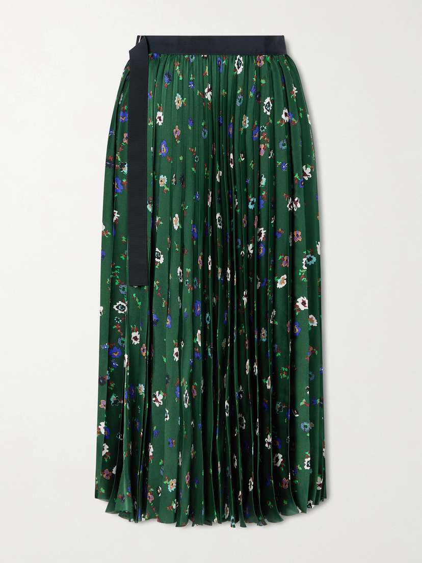 Sacai Belted Grosgrain-trimmed Pleated Floral-print Satin Midi Skirt