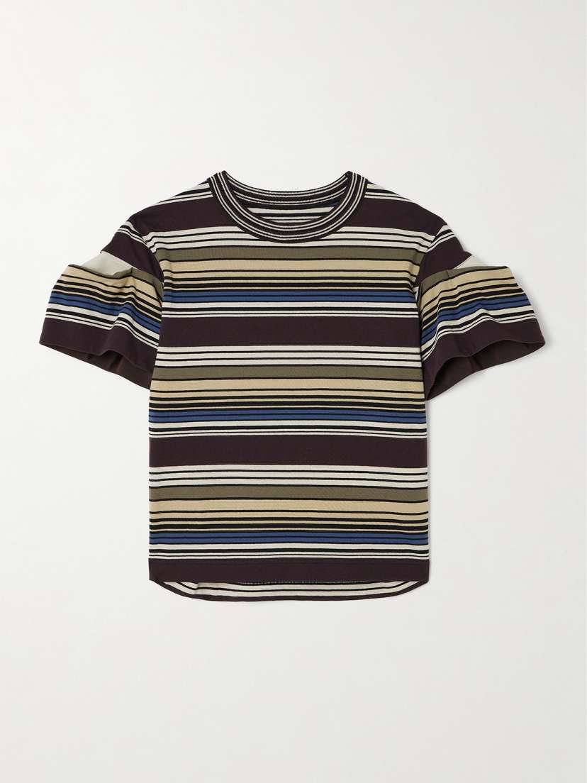 Sacai Piqué-paneled Pleated Striped Cotton T-shirt