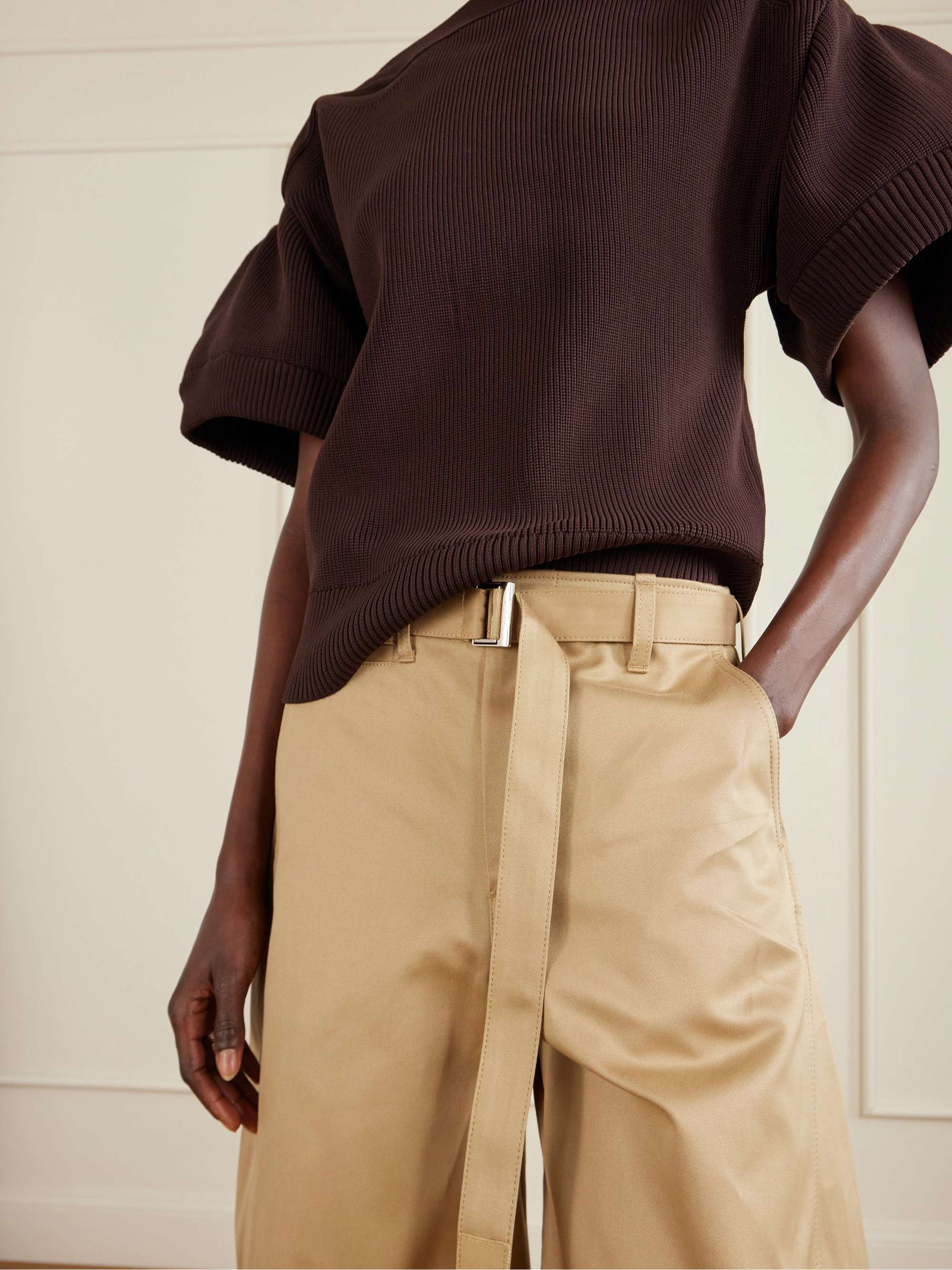 SACAI Cropped belted cotton-twill barrel-leg pants | NET-A-PORTER