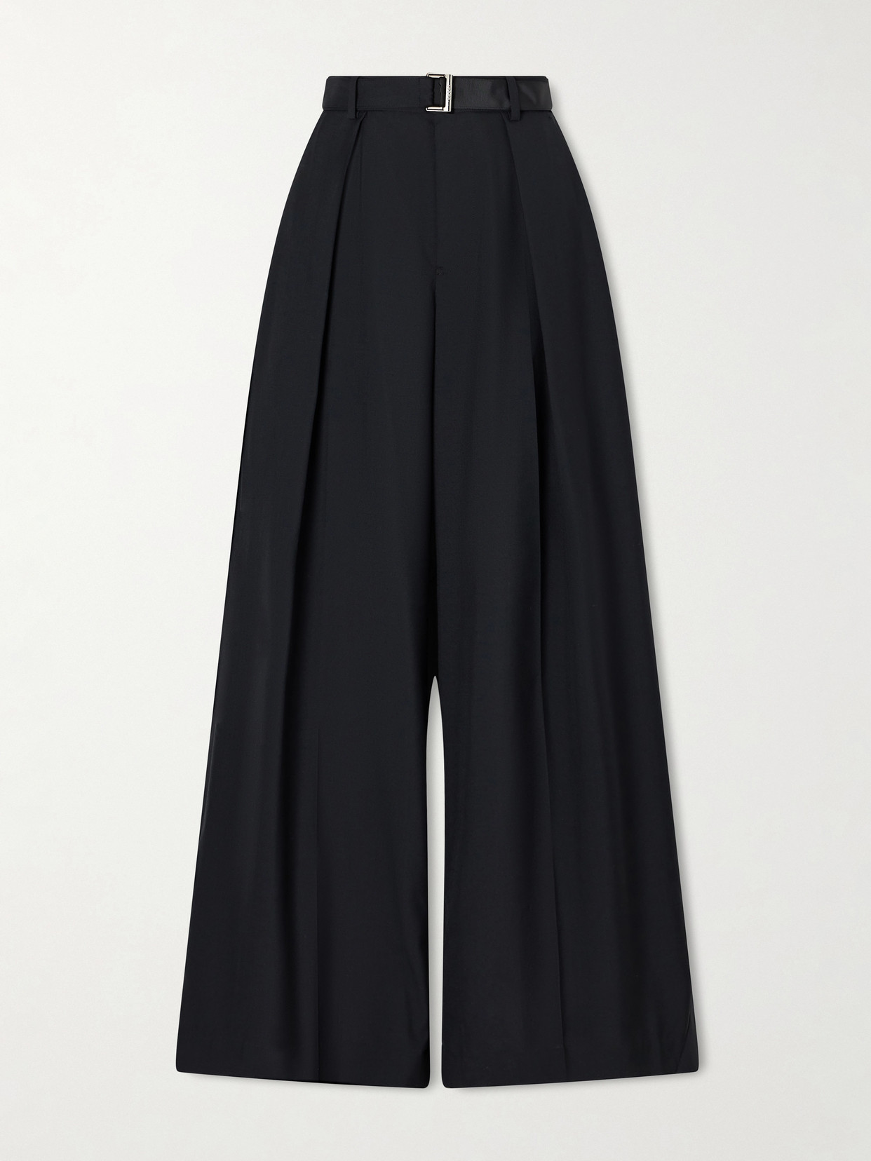 Sacai Belted Pleated Crepe Wide-leg Pants In Black