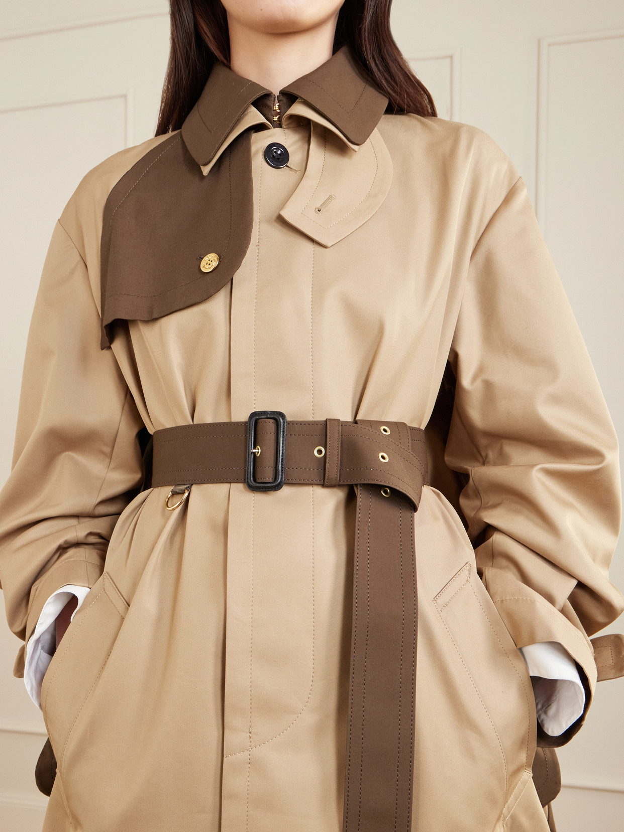 Sacai Womens Beige Brown Contrast-panels Belted Cotton-blend Trench Coat Xs