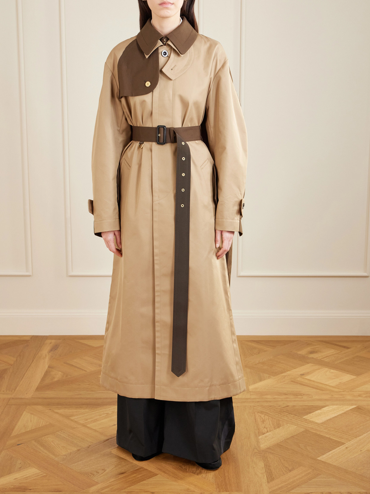 Sacai Womens Beige Brown Contrast-panels Belted Cotton-blend Trench Coat Xs