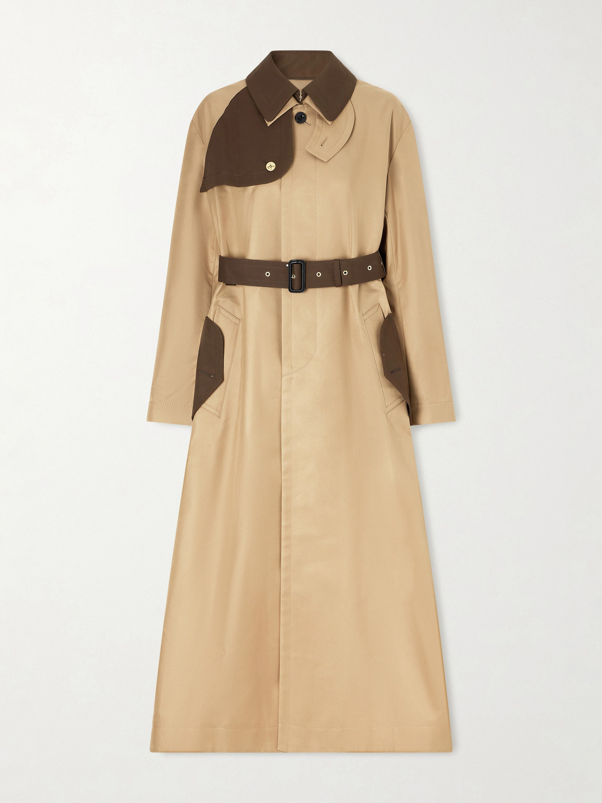 Sacai Belted Two-tone Cotton-blend Gabardine Trench Coat In Neutral