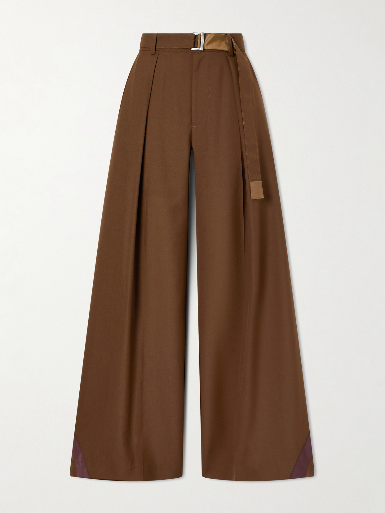 Sacai Belted Pleated Crepe Wide-leg Pants In Brown