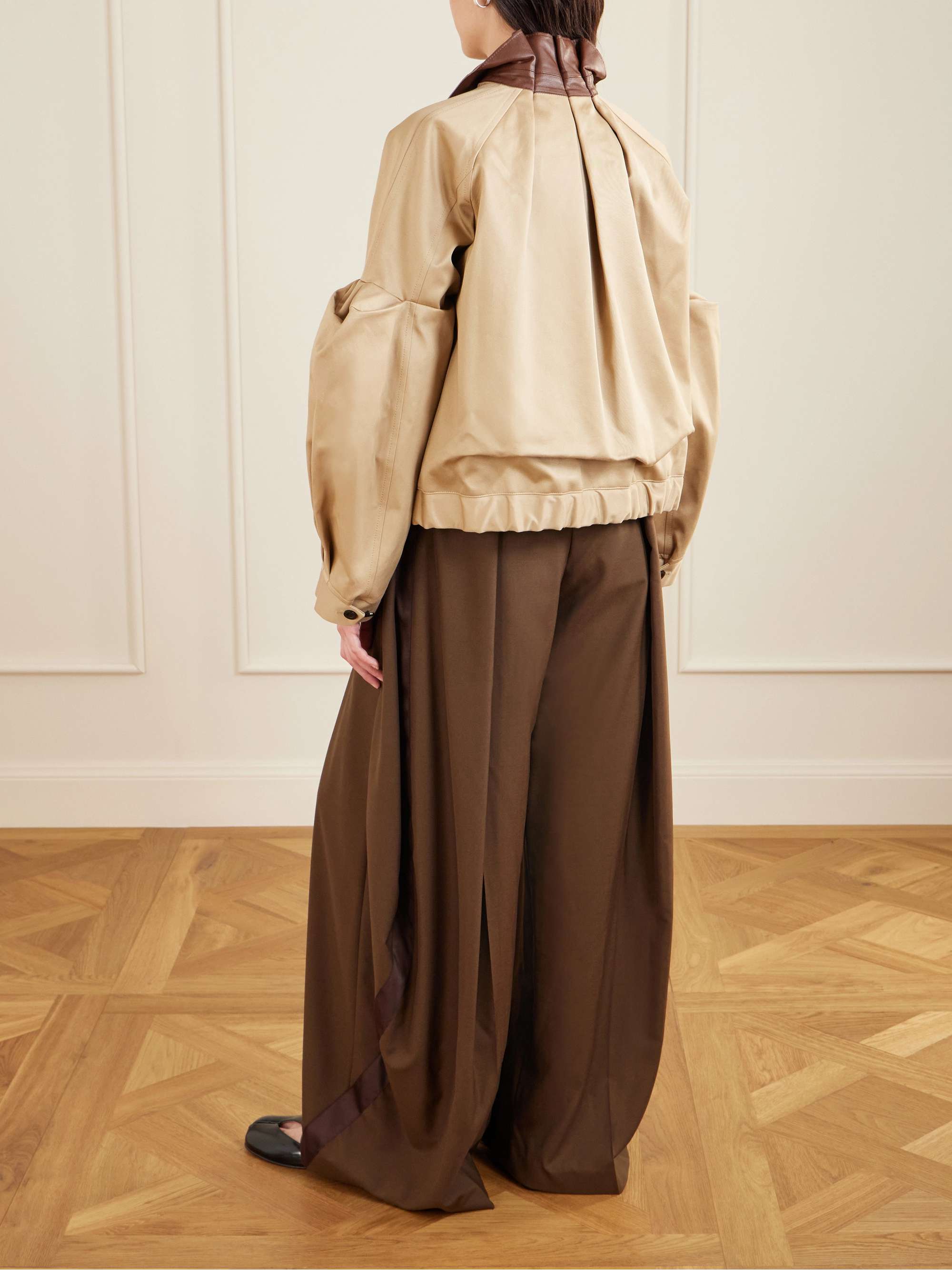 SACAI Pleated leather-trimmed cotton-twill jacket | NET-A-PORTER