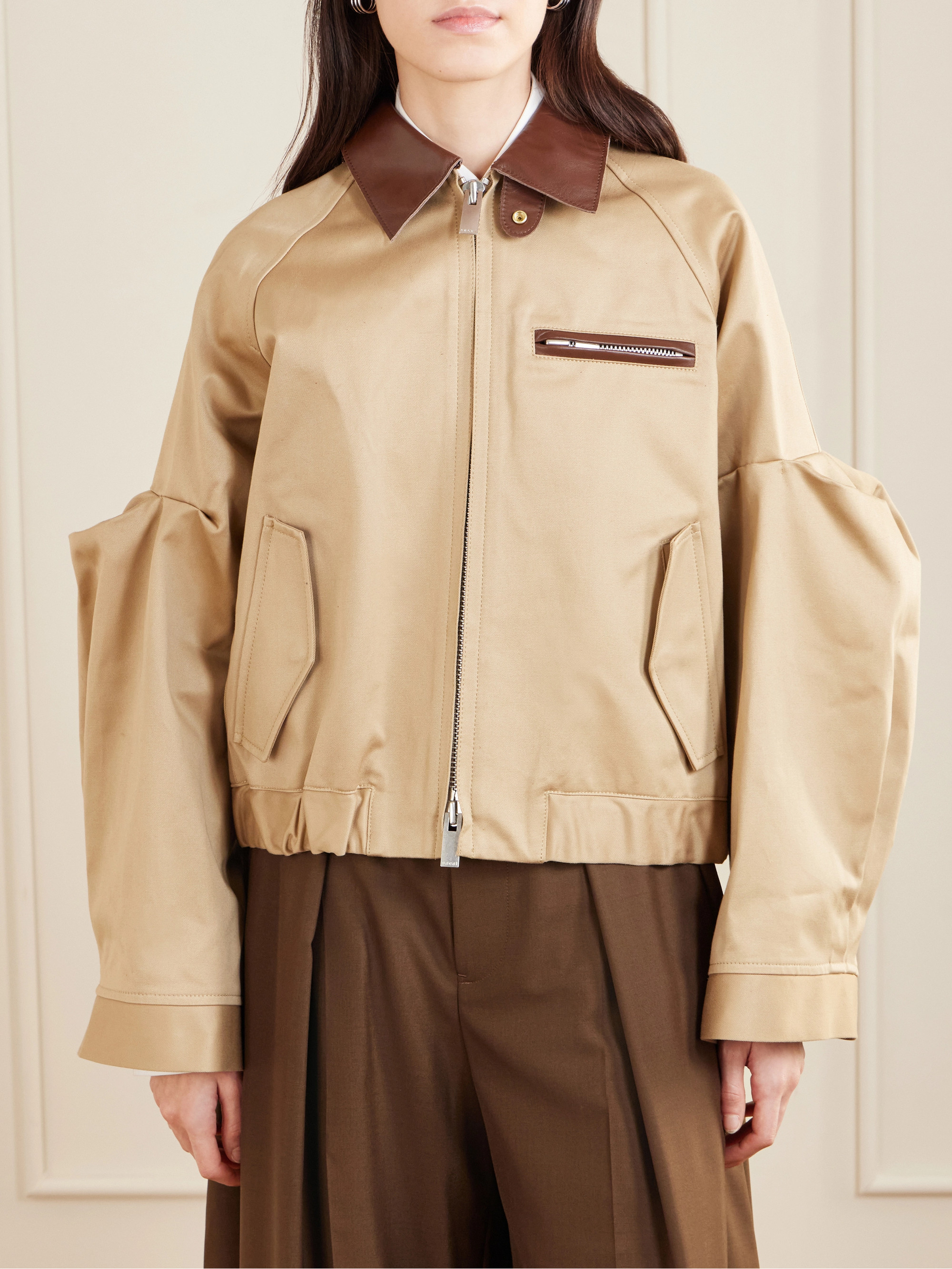 Sacai - Pleated leather-trimmed cotton-twill jacket | Plush