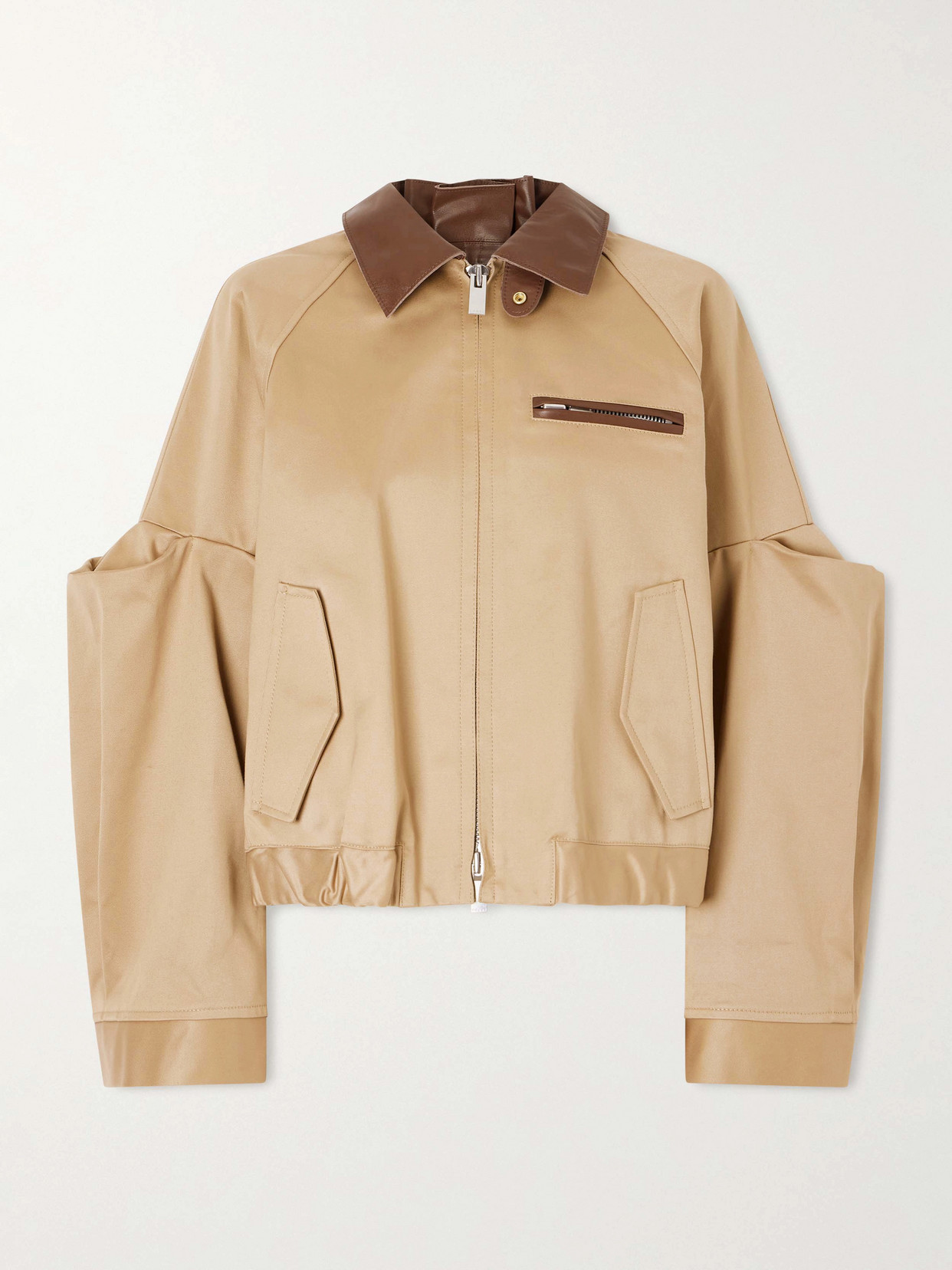 Sacai - Pleated Leather-trimmed Cotton-twill Jacket - Beige