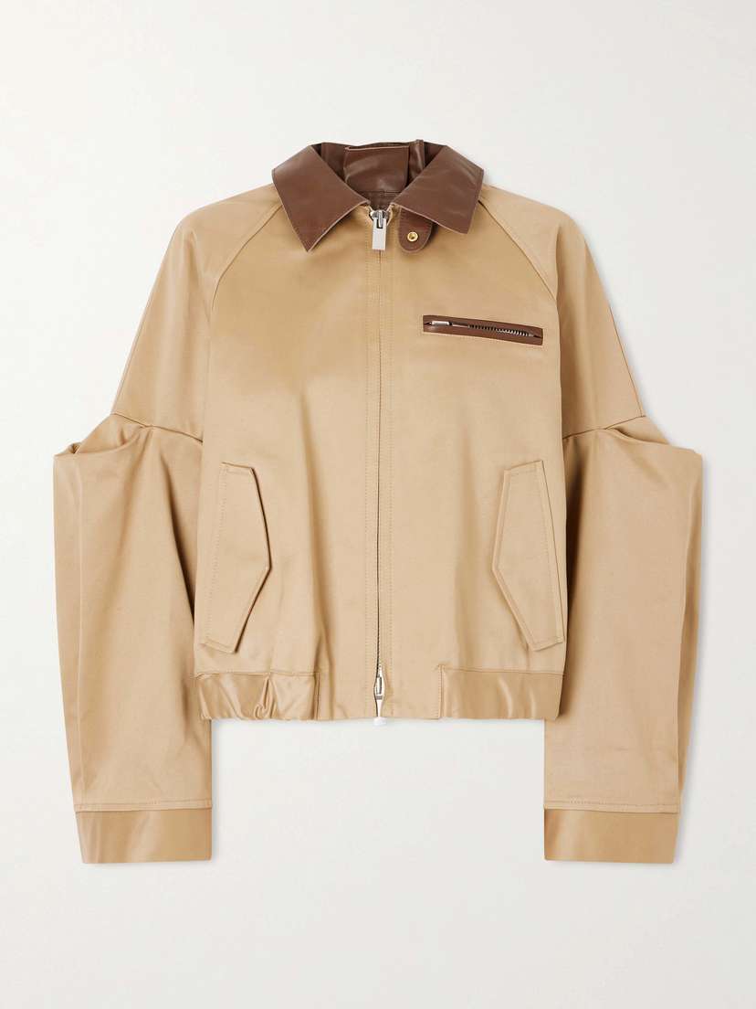 Sacai Pleated Leather-trimmed Cotton-twill Jacket