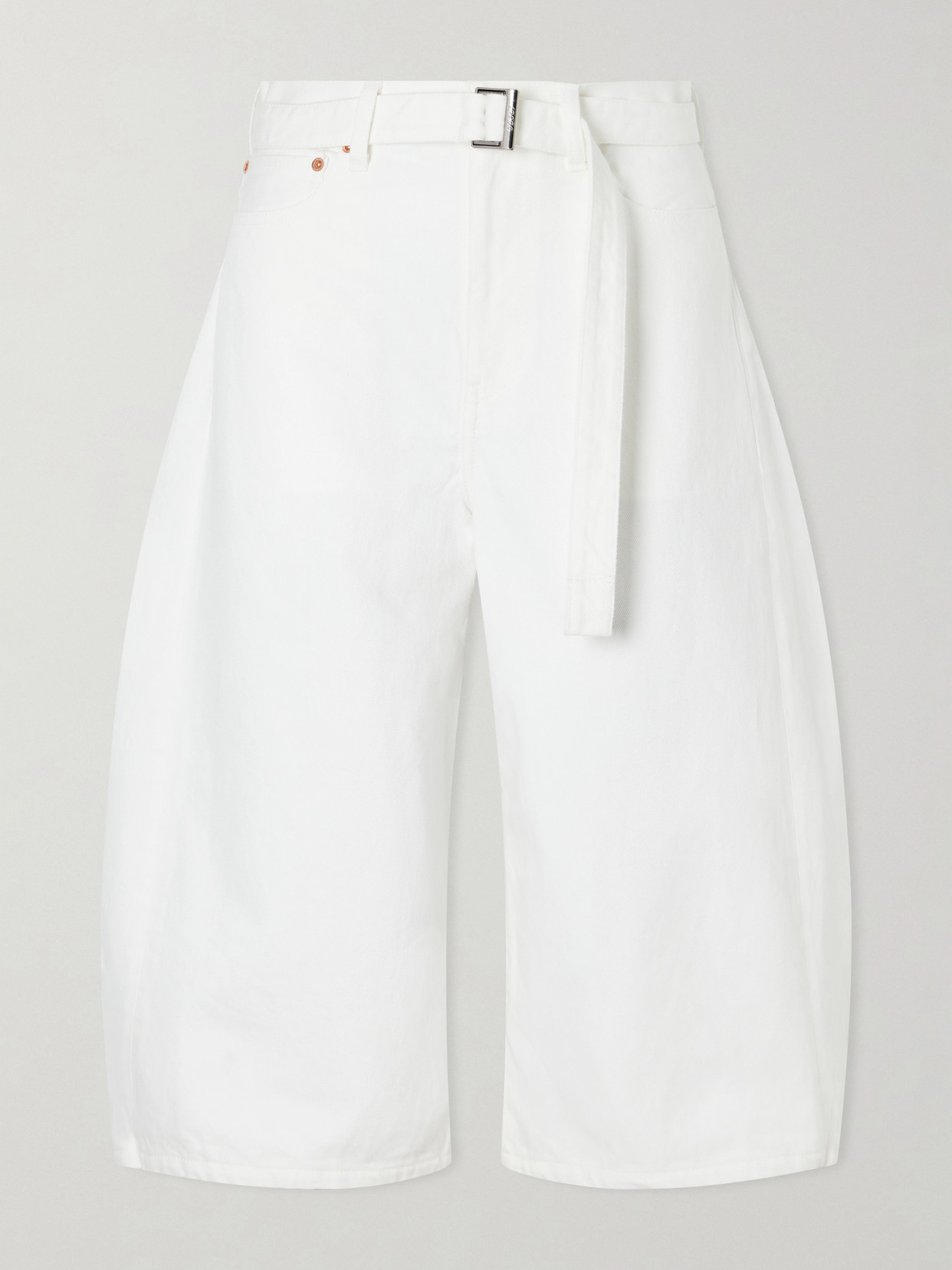 Sacai Belted Cropped High-rise Barrel-leg Jeans In White