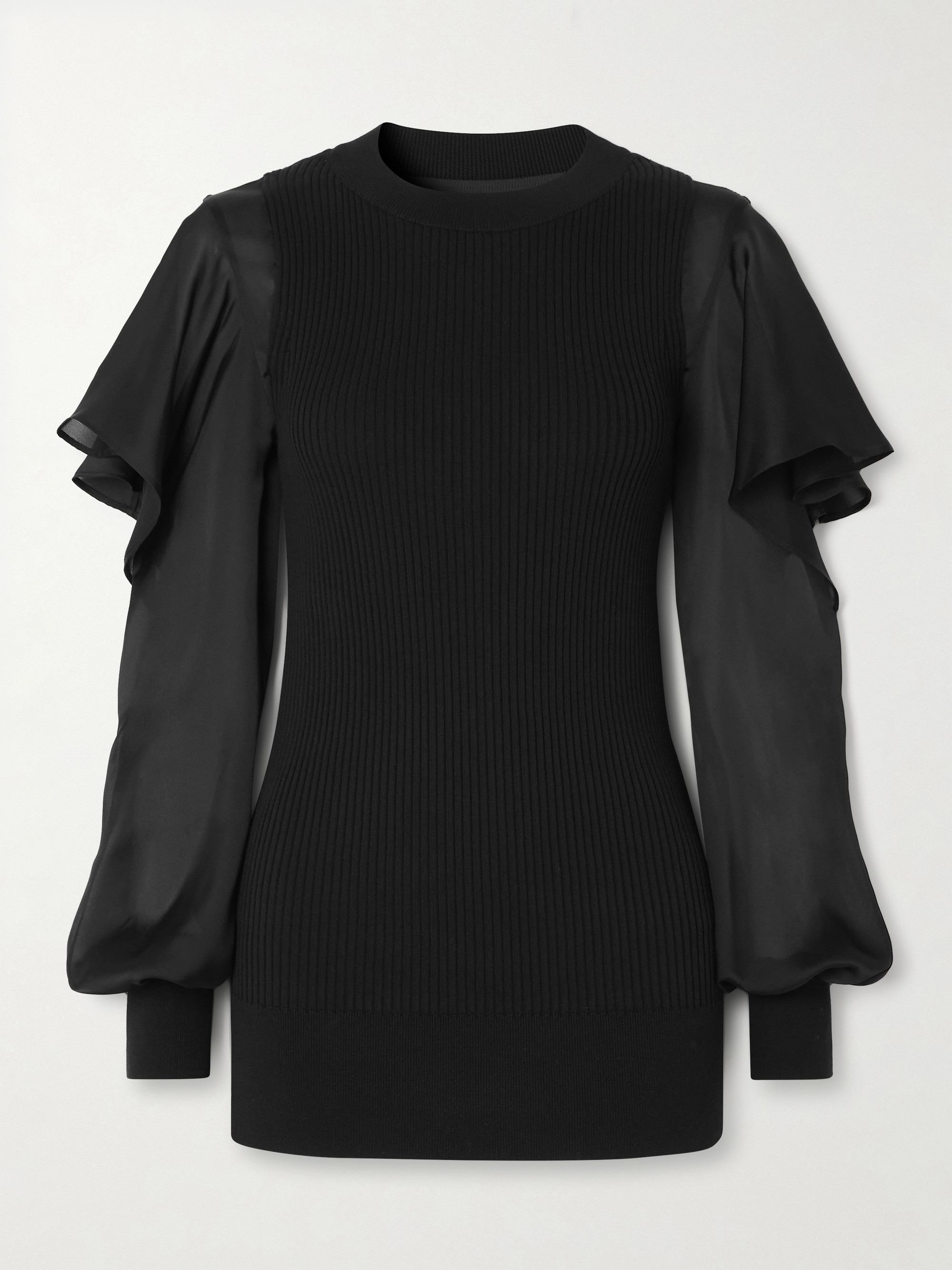 Sacai - Ribbed cotton and ruffled chiffon top | Plush