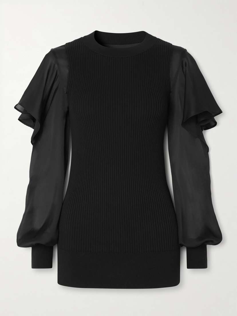 Sacai Ribbed Cotton And Ruffled Chiffon Top