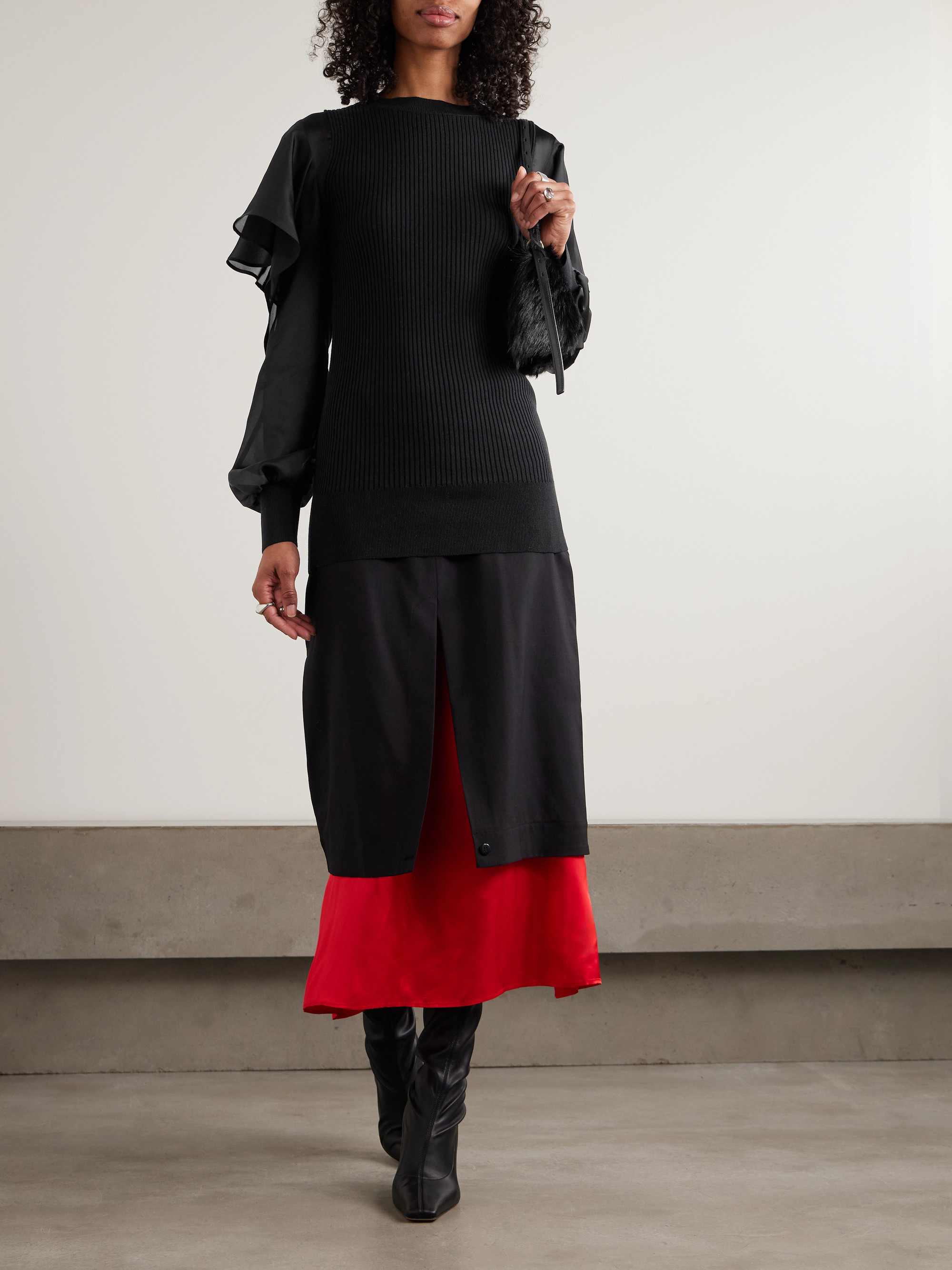 Sacai - Ribbed cotton and ruffled chiffon top | Plush