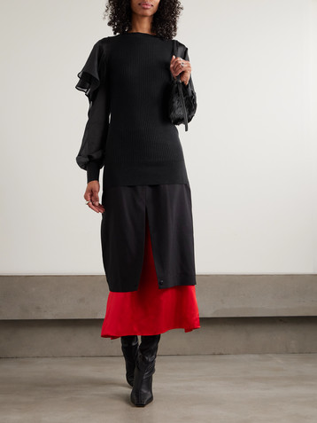Sacai Ribbed cotton and ruffled chiffon top