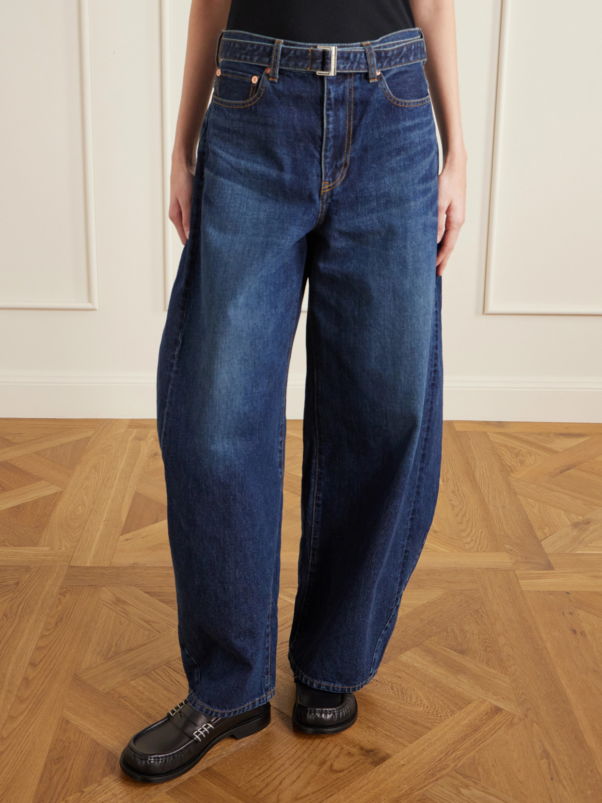 Belted High-Rise Barrel-Leg Jeans