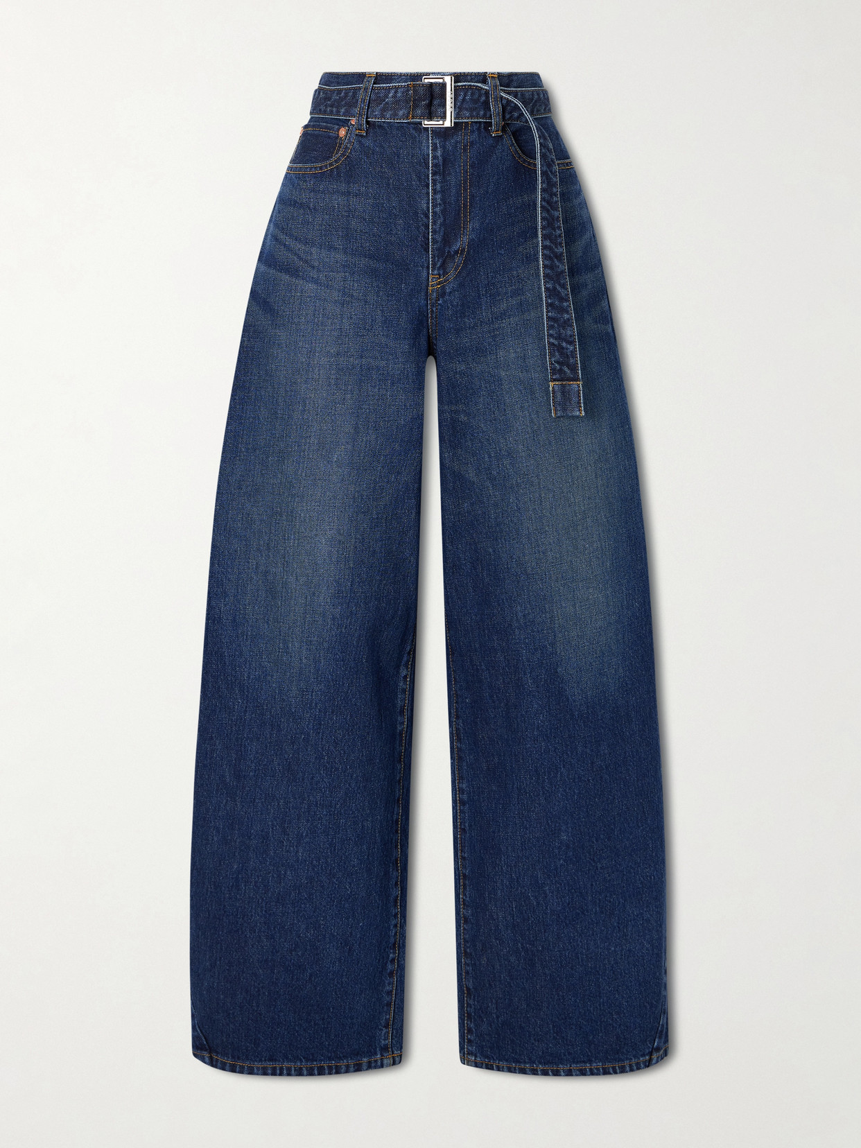 Sacai Belted High-rise Barrel-leg Jeans In Blue