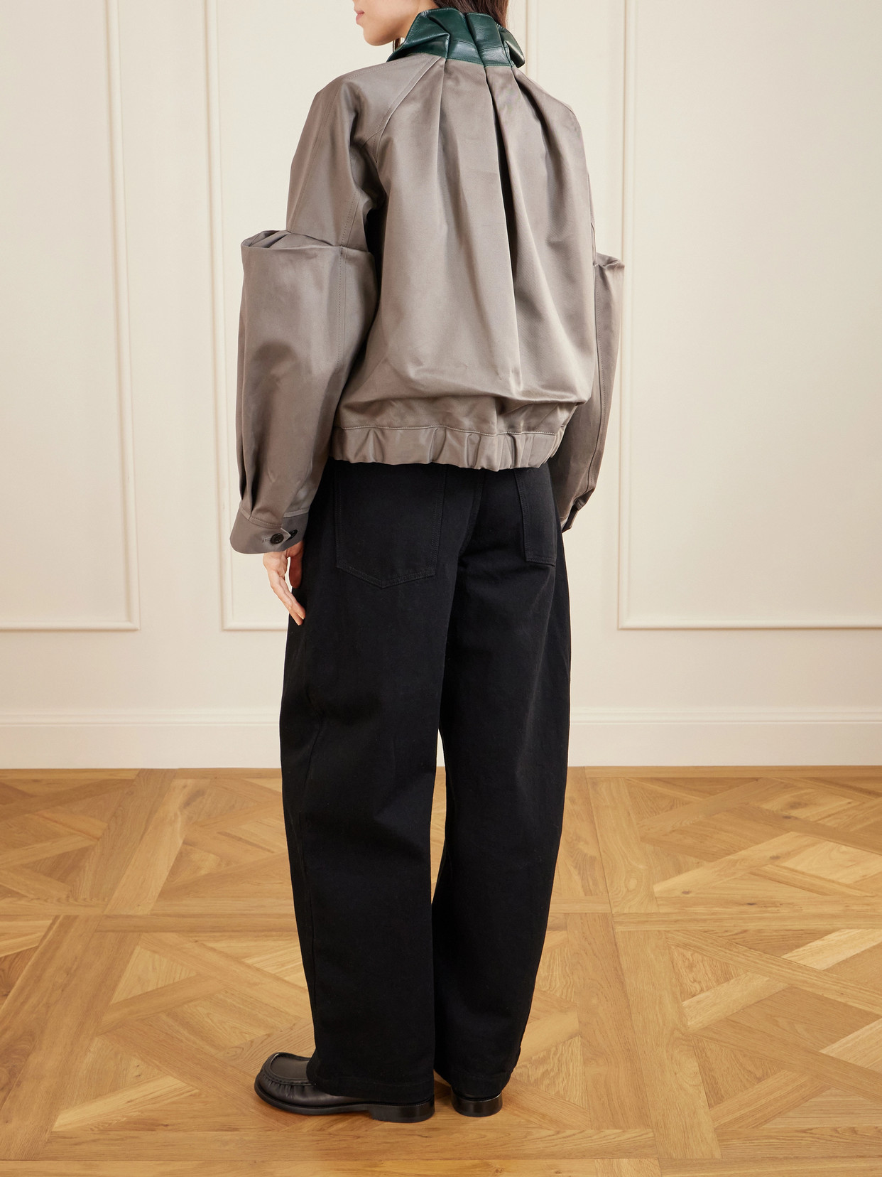 Pleated Leather-Trimmed Cotton-Twill Jacket