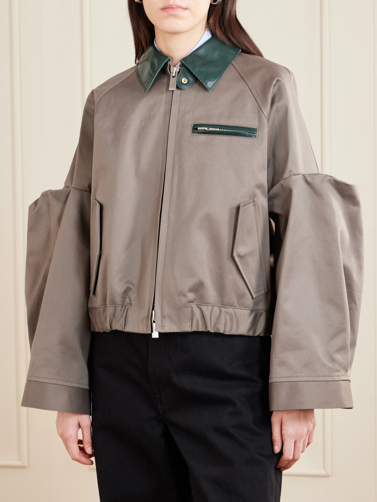 Pleated Leather-Trimmed Cotton-Twill Jacket